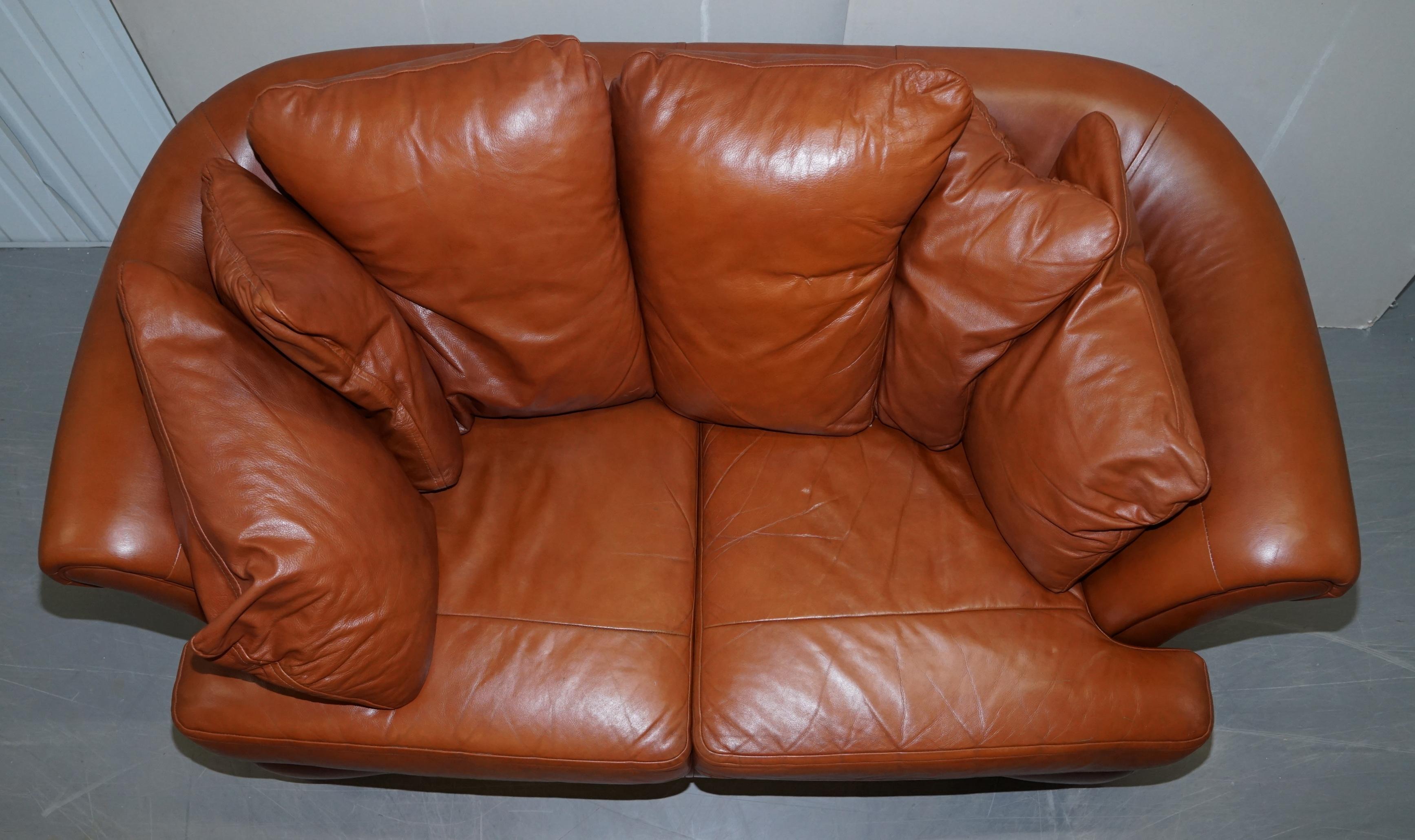 Mid-Century Modern Lovely Small Aged Tan Brown Leather Sofa and Matching Armchair Two-Piece Suite For Sale