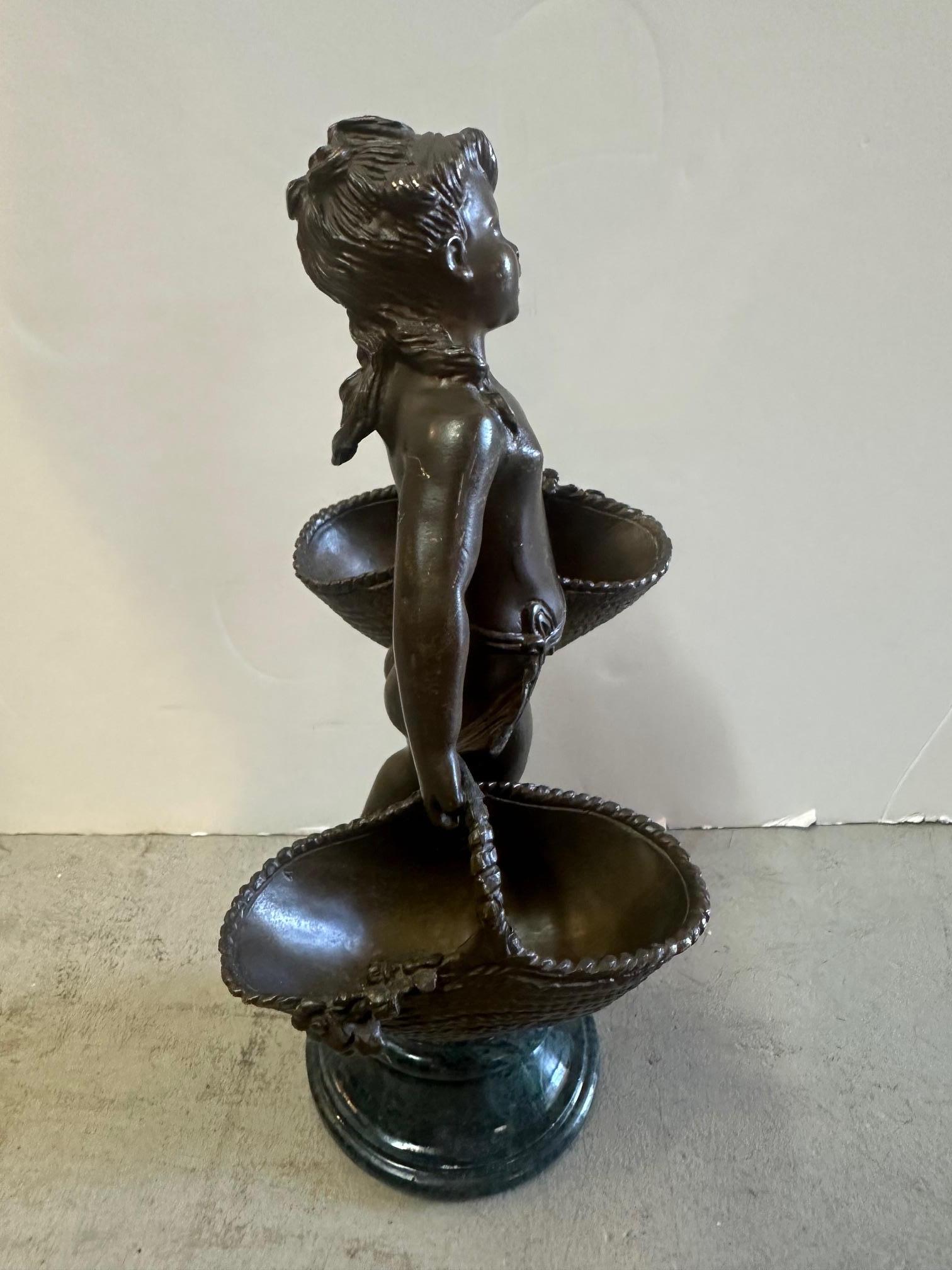 French style small rococo bronze sculpture of a young boy holding baskets.  On marble stand.  Signed as shown in close ups.