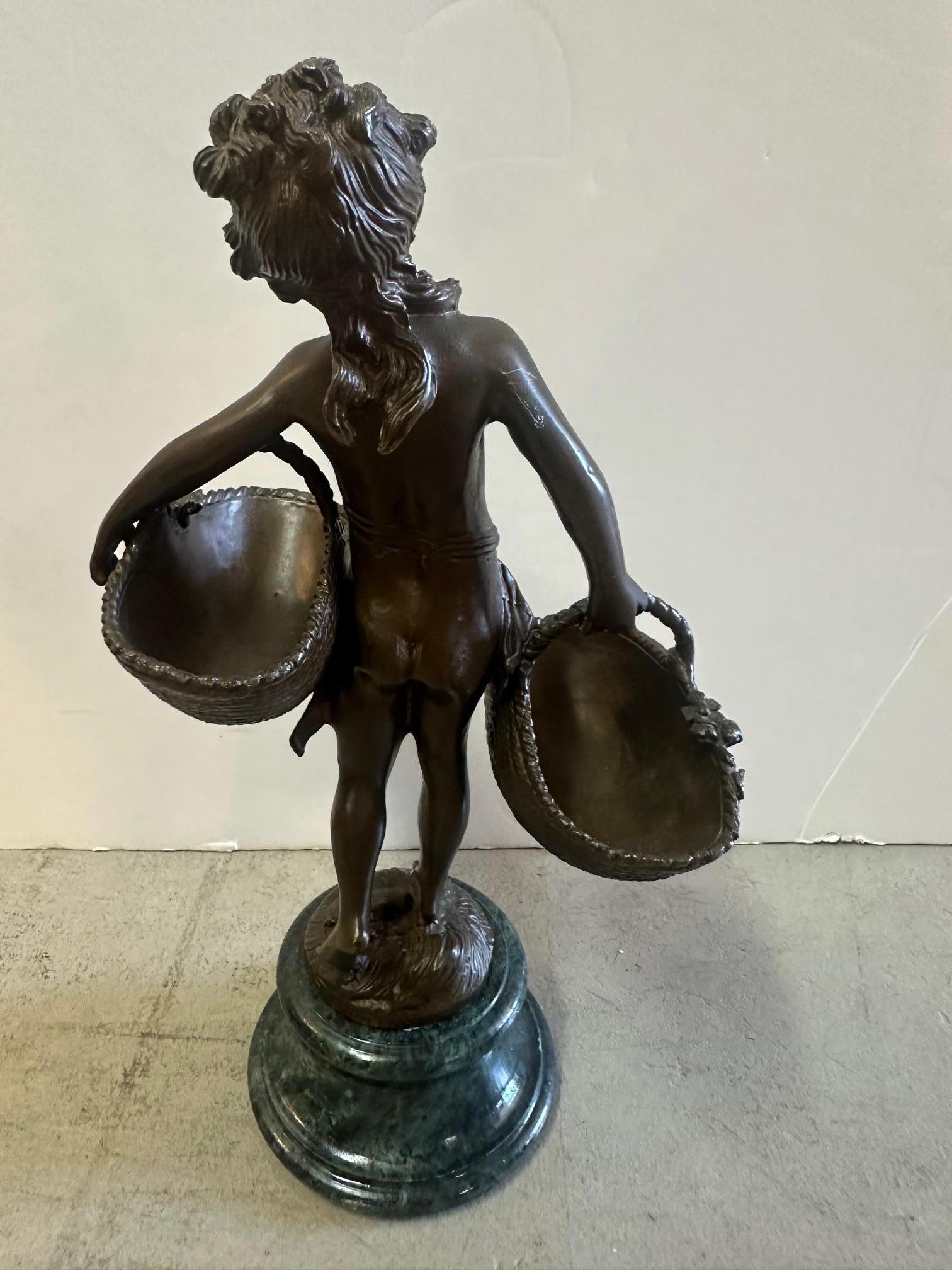 Rococo Lovely Small Bronze Sculpture of Young Boy with Baskets For Sale