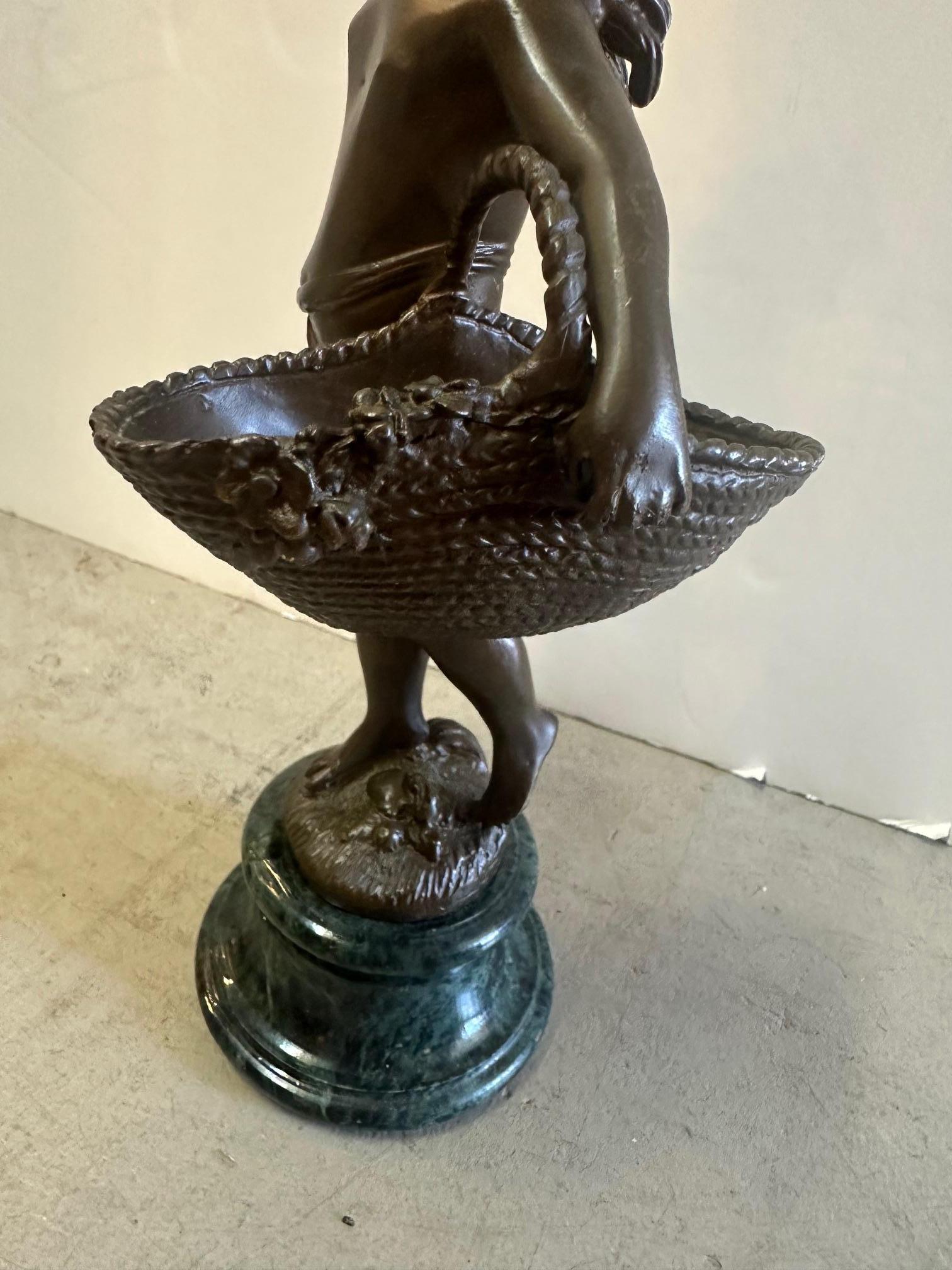 Mid-20th Century Lovely Small Bronze Sculpture of Young Boy with Baskets For Sale