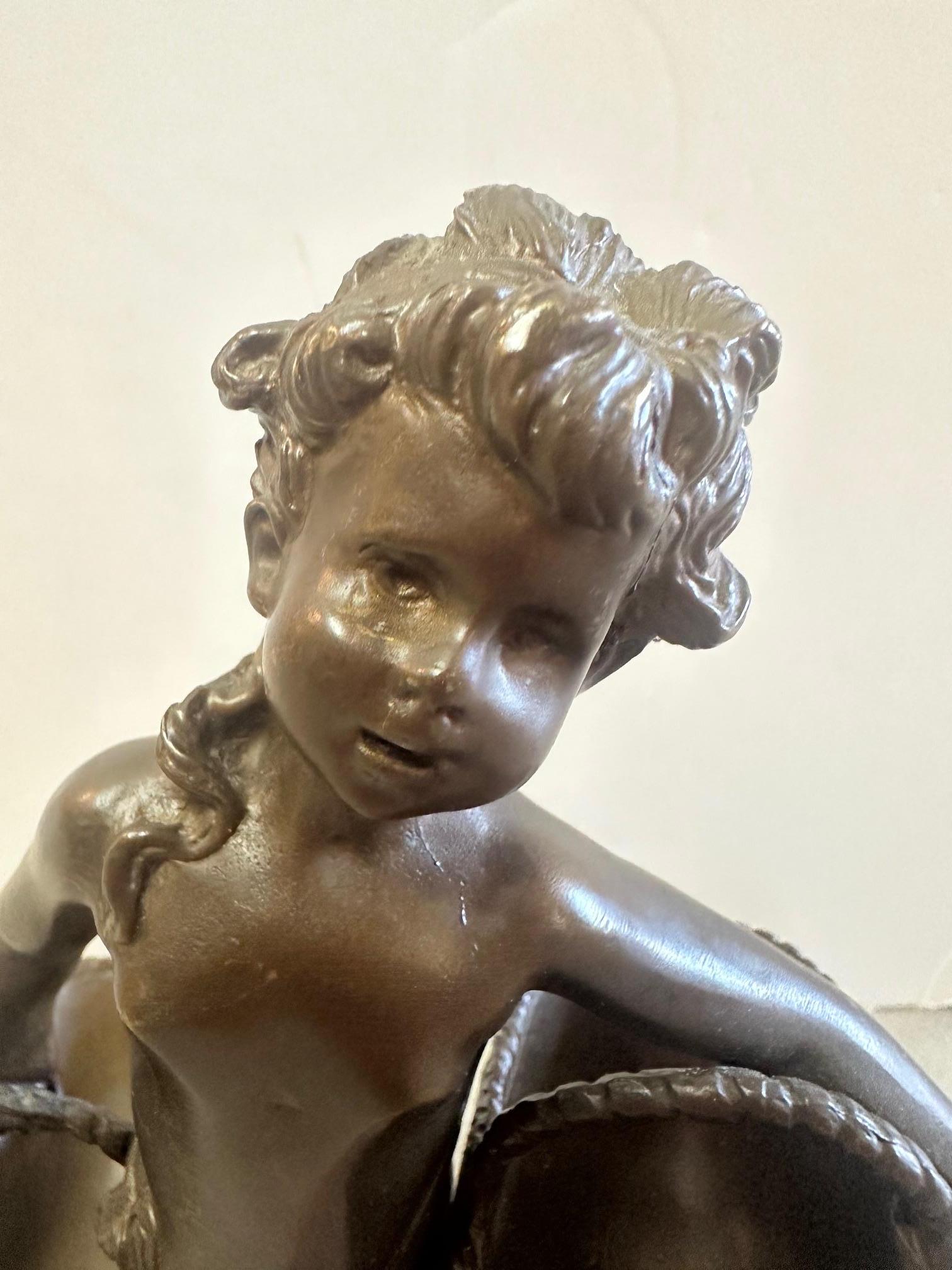 Lovely Small Bronze Sculpture of Young Boy with Baskets For Sale 1