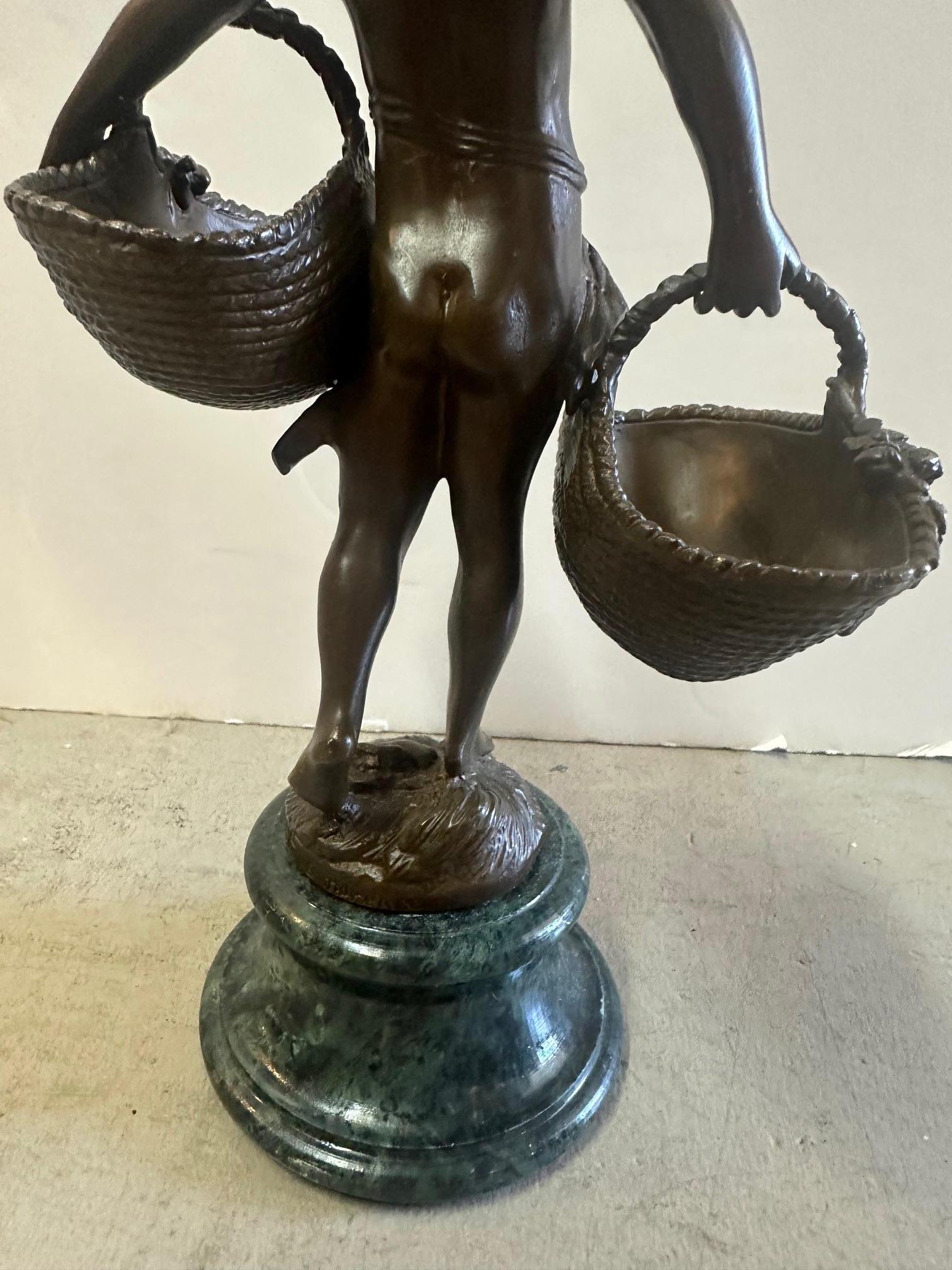 Lovely Small Bronze Sculpture of Young Boy with Baskets For Sale 2