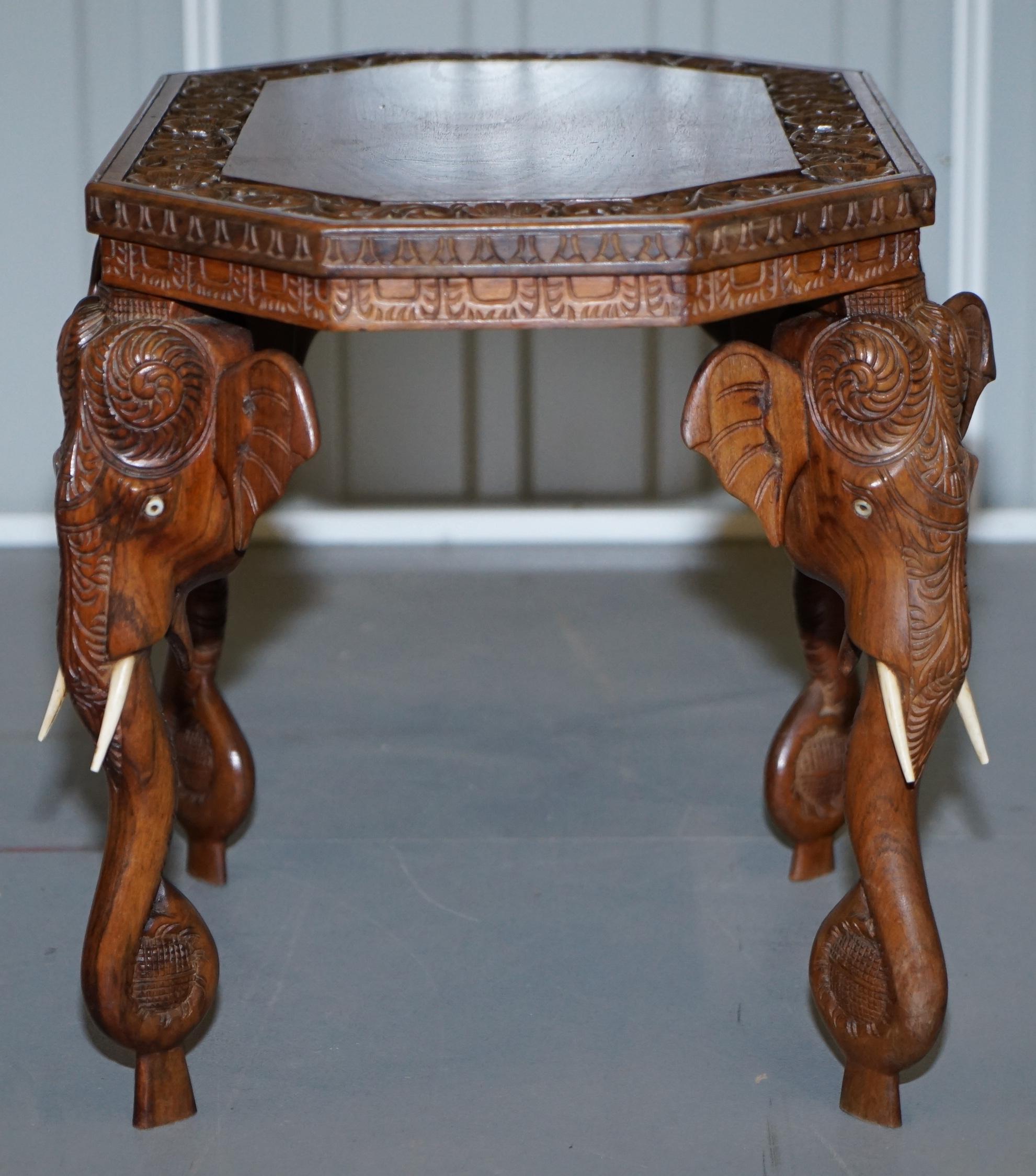 Lovely Small circa 1920 Anglo Indian Elephant Hand Carved Hardwood Side Table 3