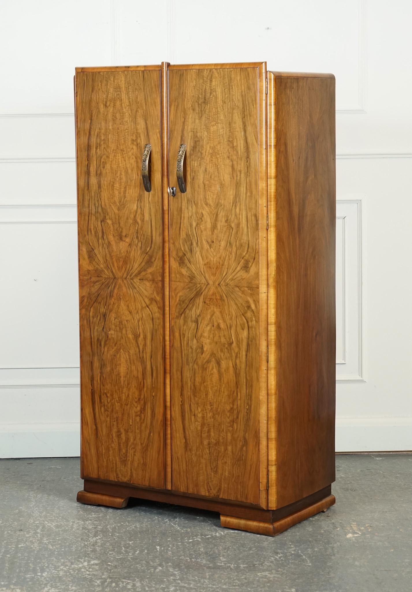 British LOVELY SMALL COMPACT ART DECO BURR WALNuT WARDROBE For Sale