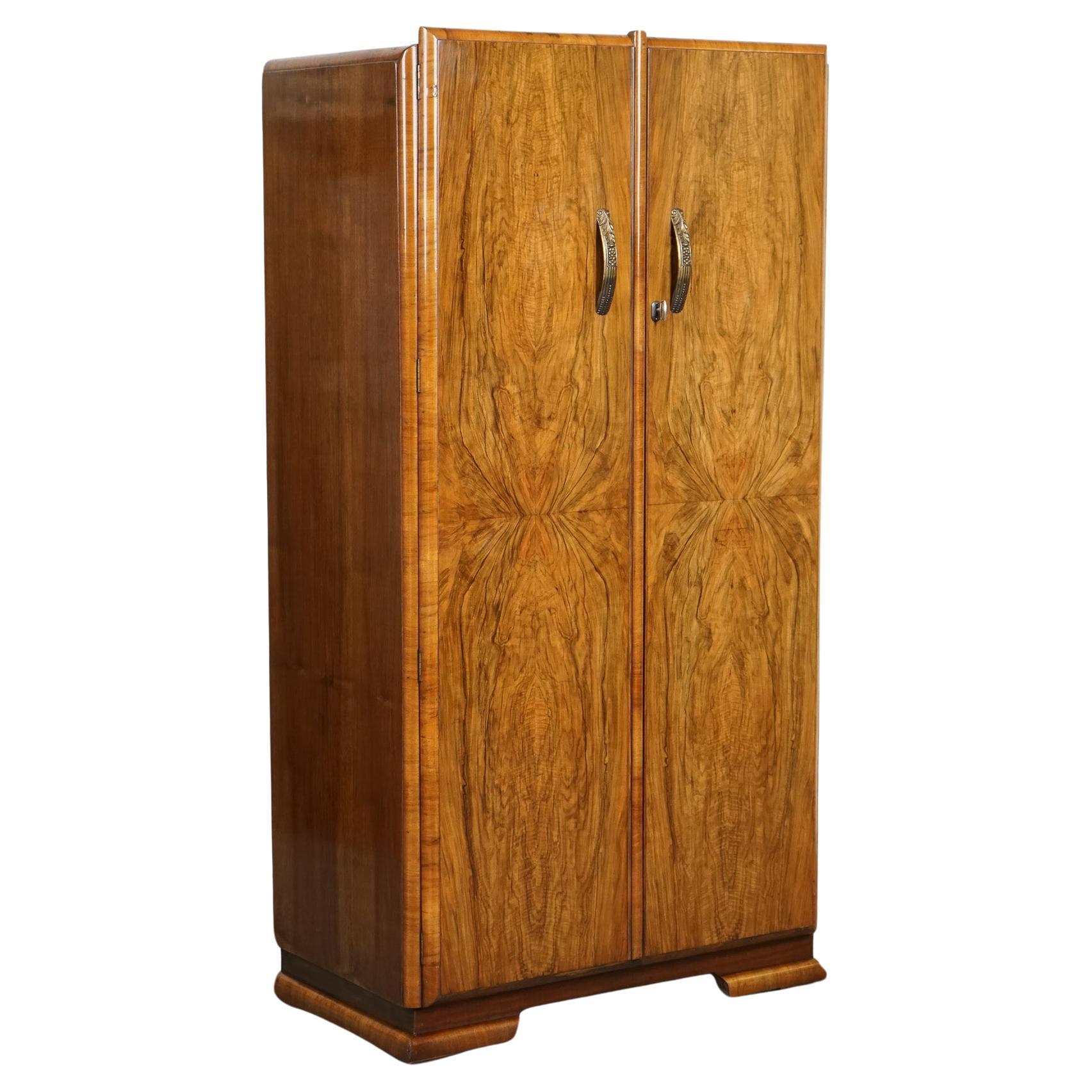 LOVELY SMALL COMPACT ART DECO BURR WALNuT WARDROBE For Sale