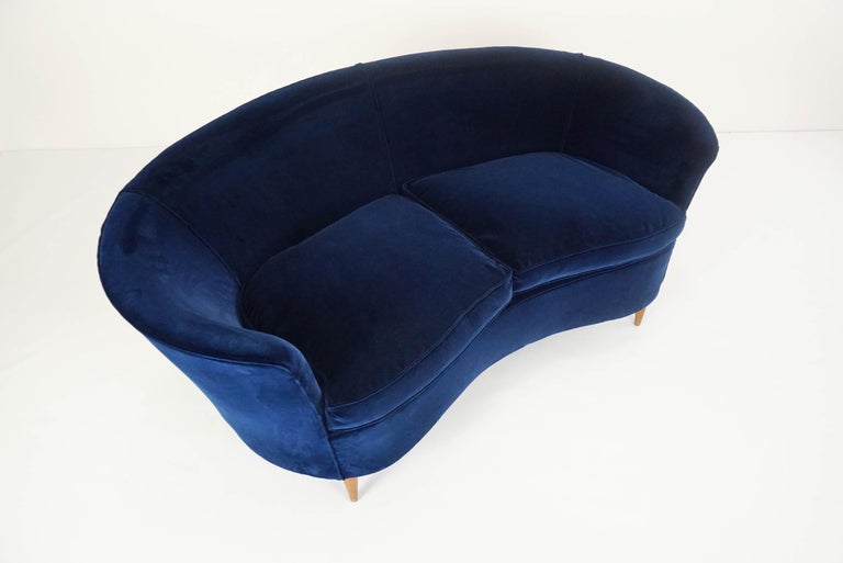 Lovely Small Curved Sofa in Luxury Blue Velvet at 1stdibs