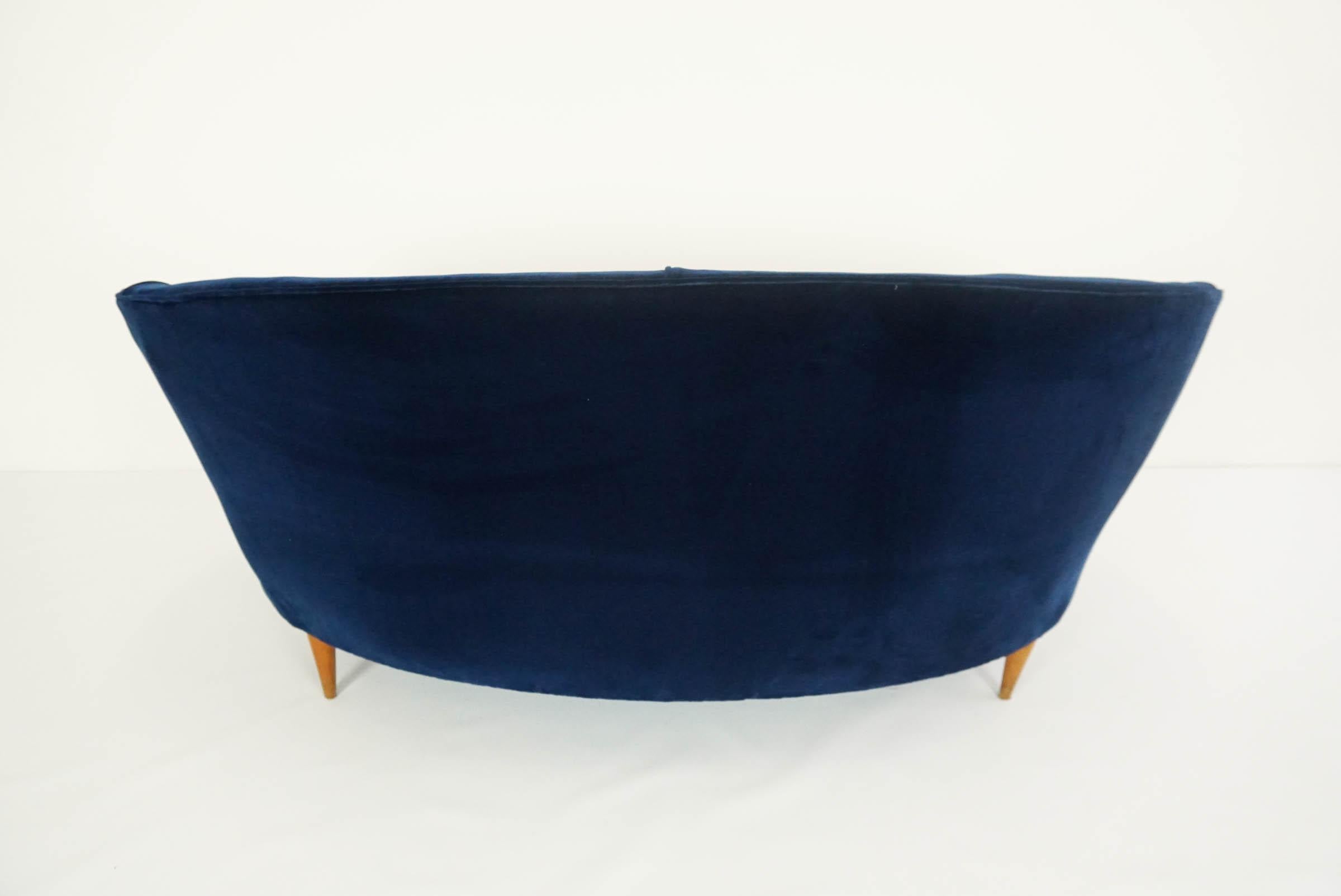 Mid-Century Modern Lovely Small Curved Sofa in Luxury Blue Velvet