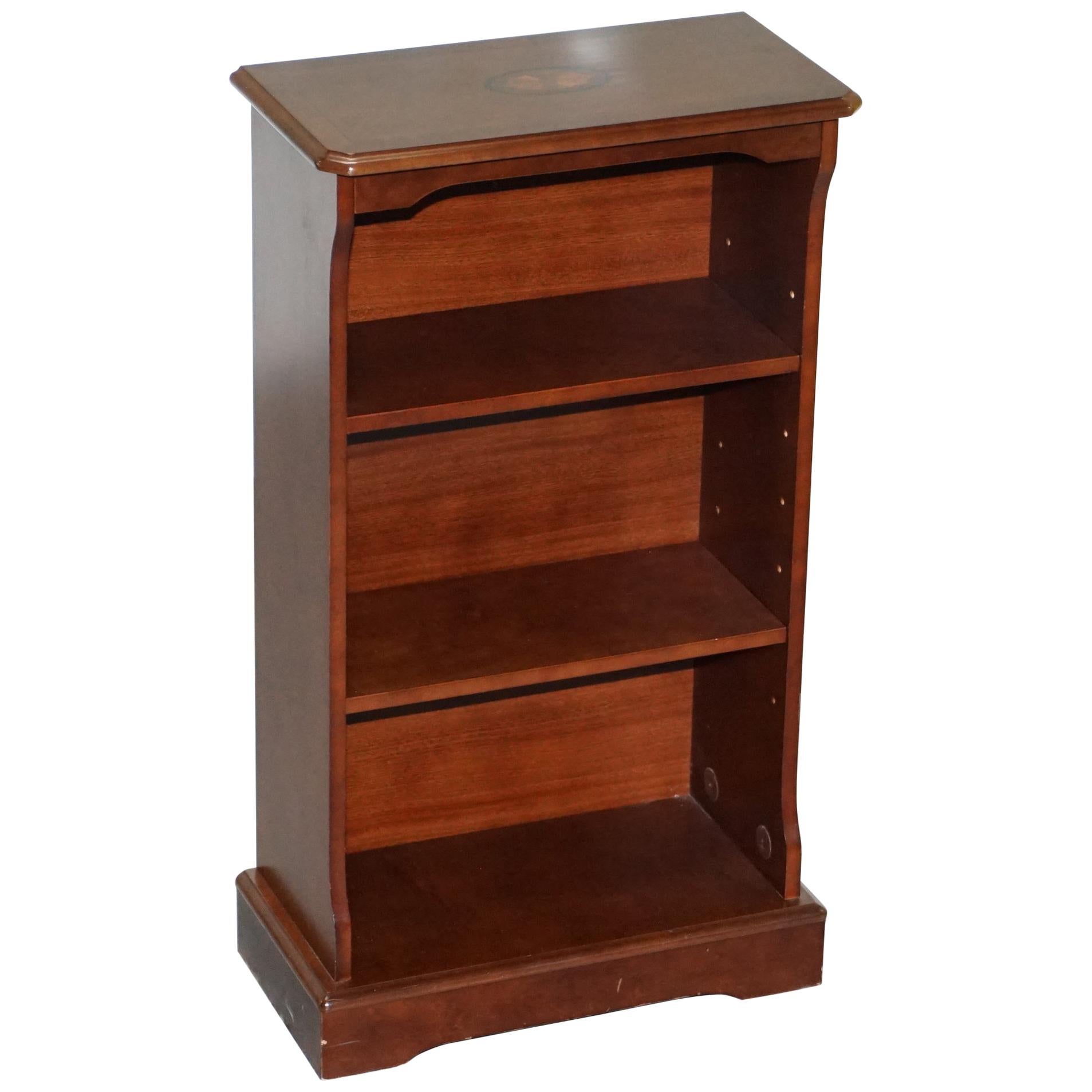 Lovely Small Dwarf Open Bookcase in Mahogany Finish with Sheraton Inlaid Top