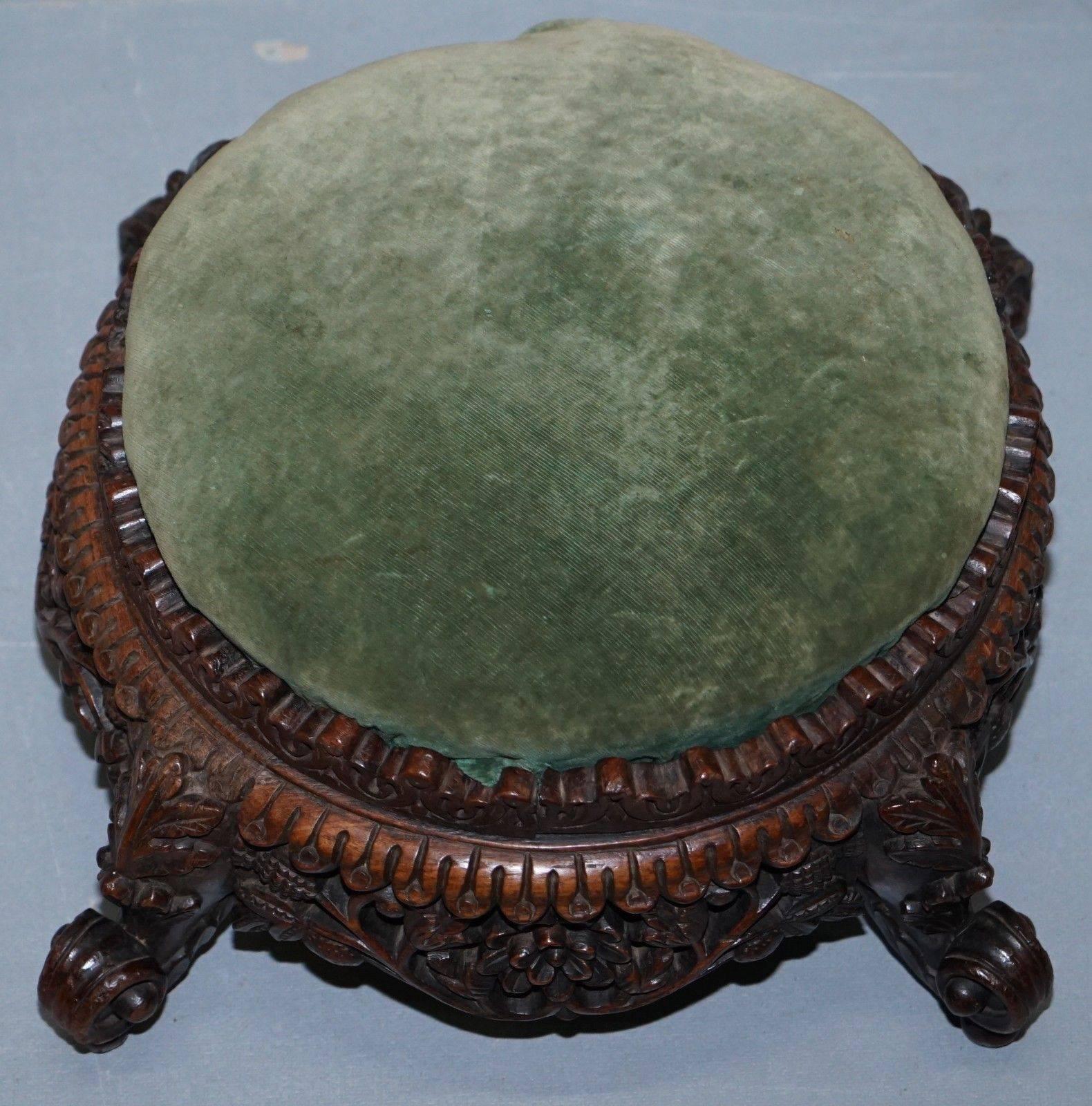 Chinese Export Lovely Small Hand-Carved Burmese Footstool Lovely Detailing All-Over Rare Find