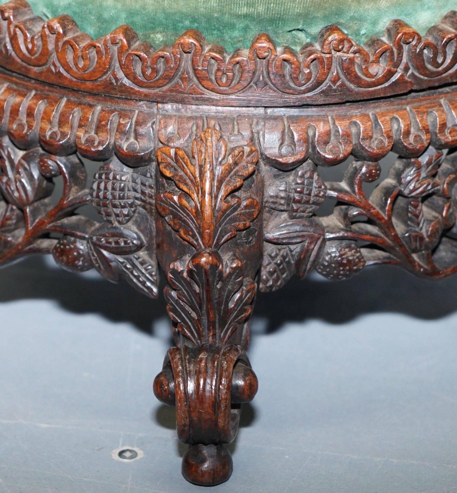 Chinese Lovely Small Hand-Carved Burmese Footstool Lovely Detailing All-Over Rare Find