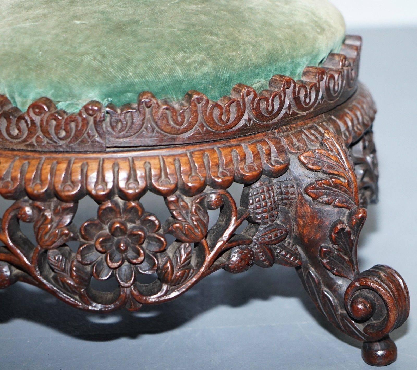 19th Century Lovely Small Hand-Carved Burmese Footstool Lovely Detailing All-Over Rare Find