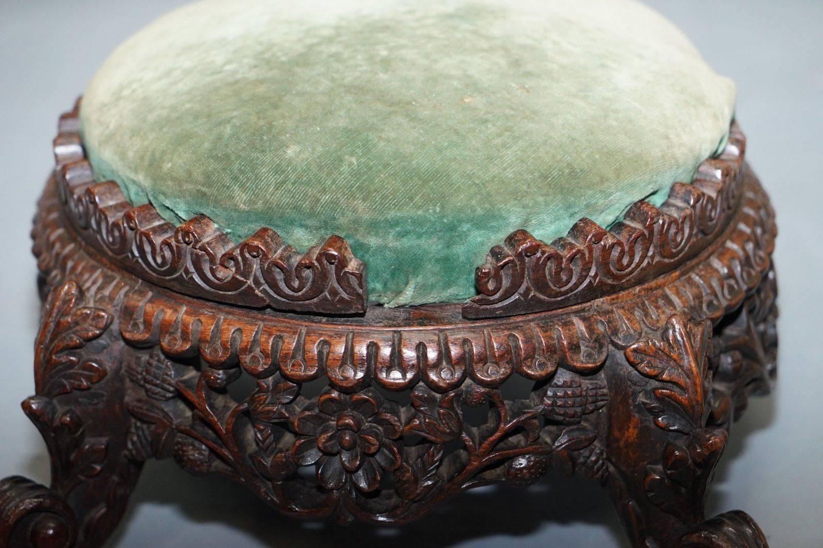 Hardwood Lovely Small Hand-Carved Burmese Footstool Lovely Detailing All-Over Rare Find