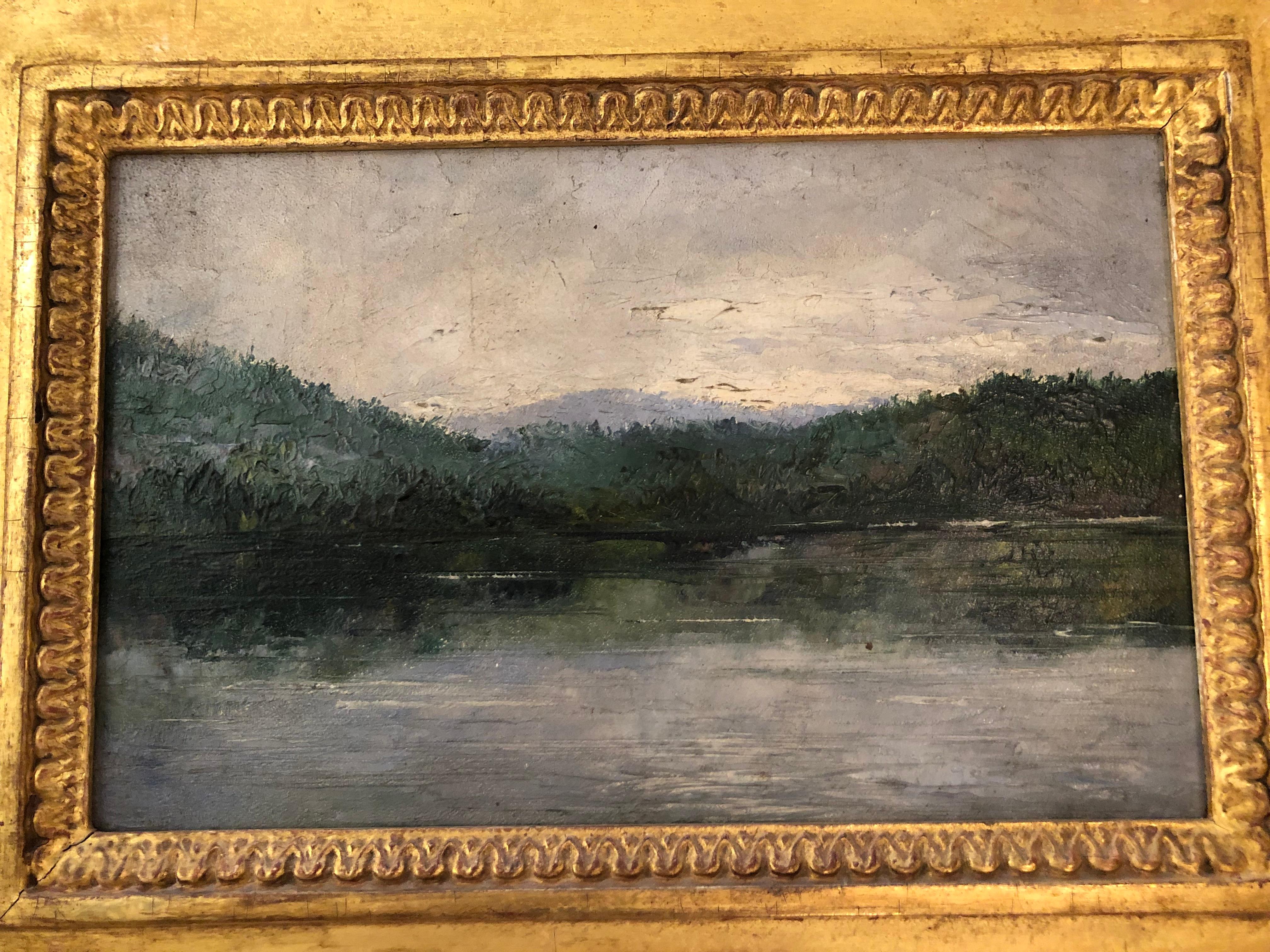 Beautiful landscape (on board 9.5” W x 6” H) by Leonard M. Davis (American, 1864–1938
Landscape painter, muralist and illustrator with a specialty in Alaskan scenes dating from 1898, Leonard Davis was born in Winchendon, Massachusetts. He also