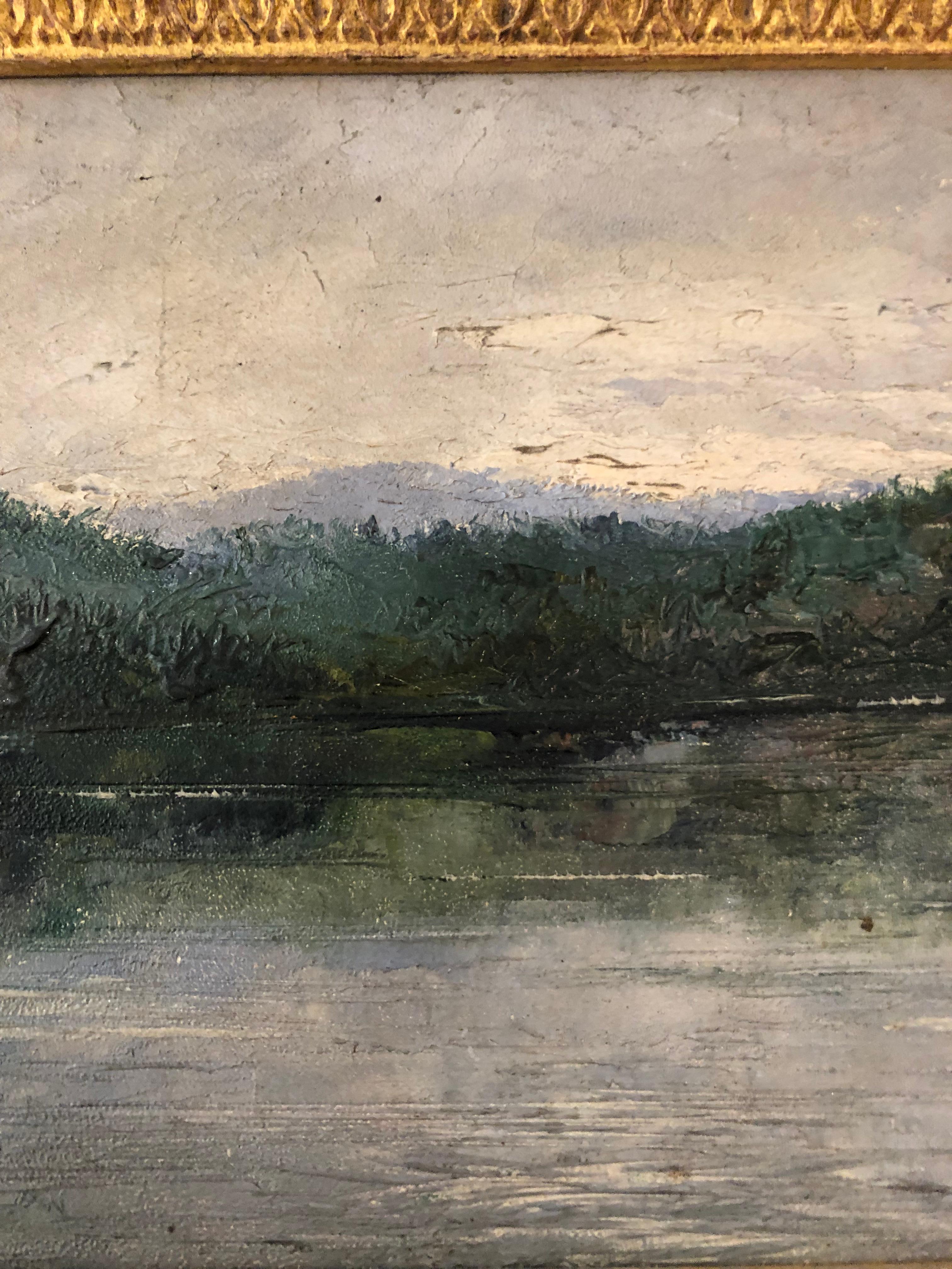 Early 20th Century Lovely Small Leonard Davis Original Painting of Lake Landscape For Sale