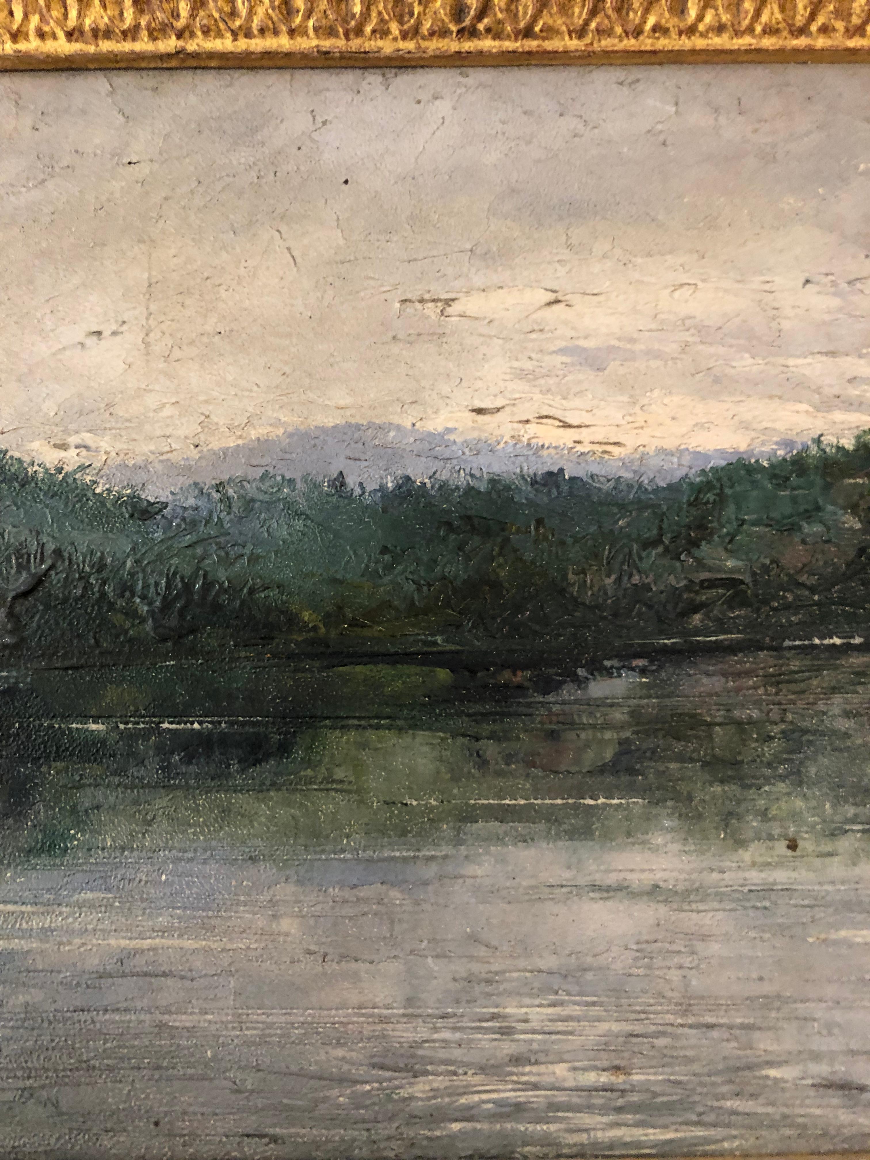 Early 20th Century Lovely Small Leonard Davis Original Painting of Lake Landscape