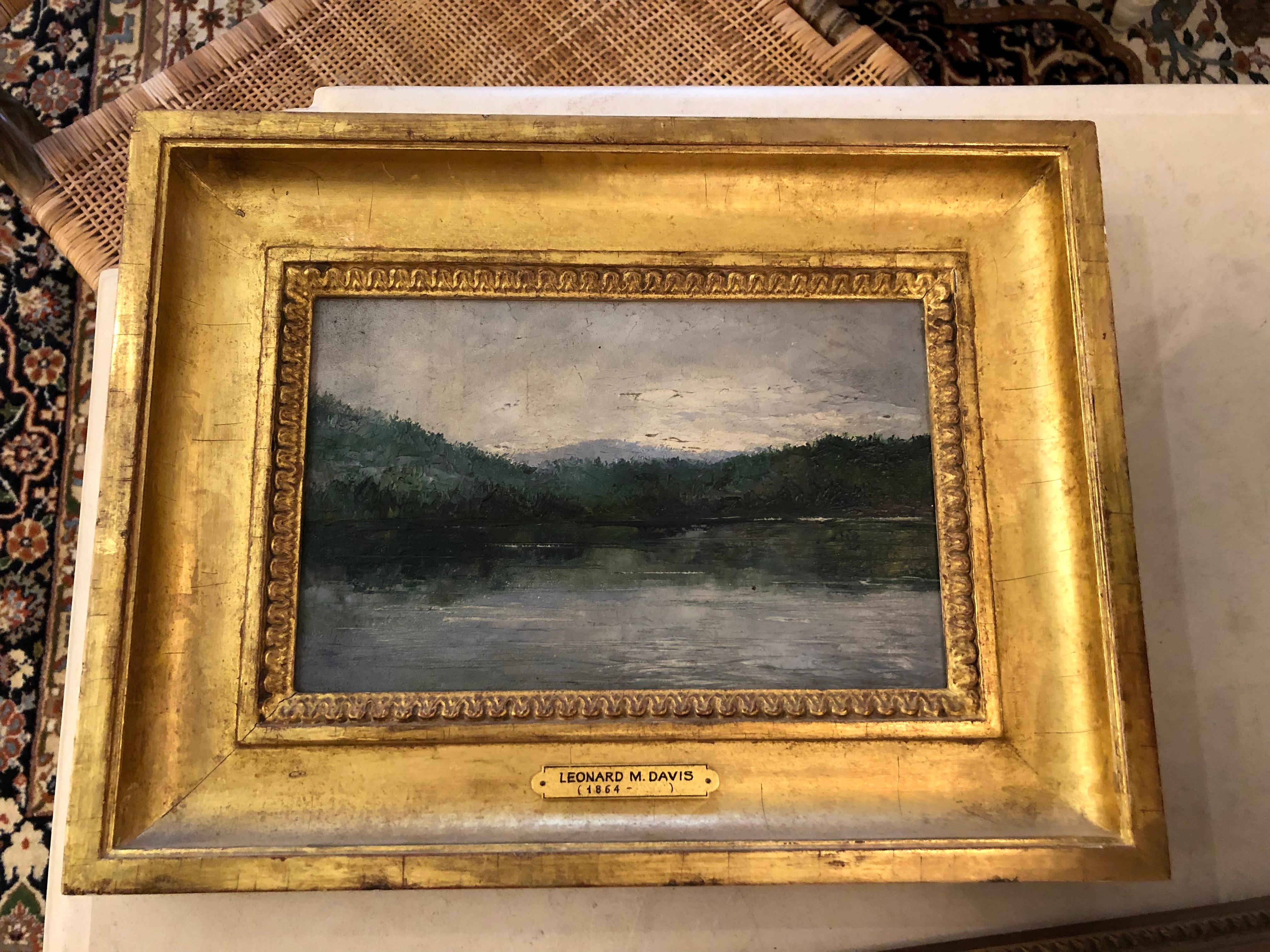 Canvas Lovely Small Leonard Davis Original Painting of Lake Landscape For Sale