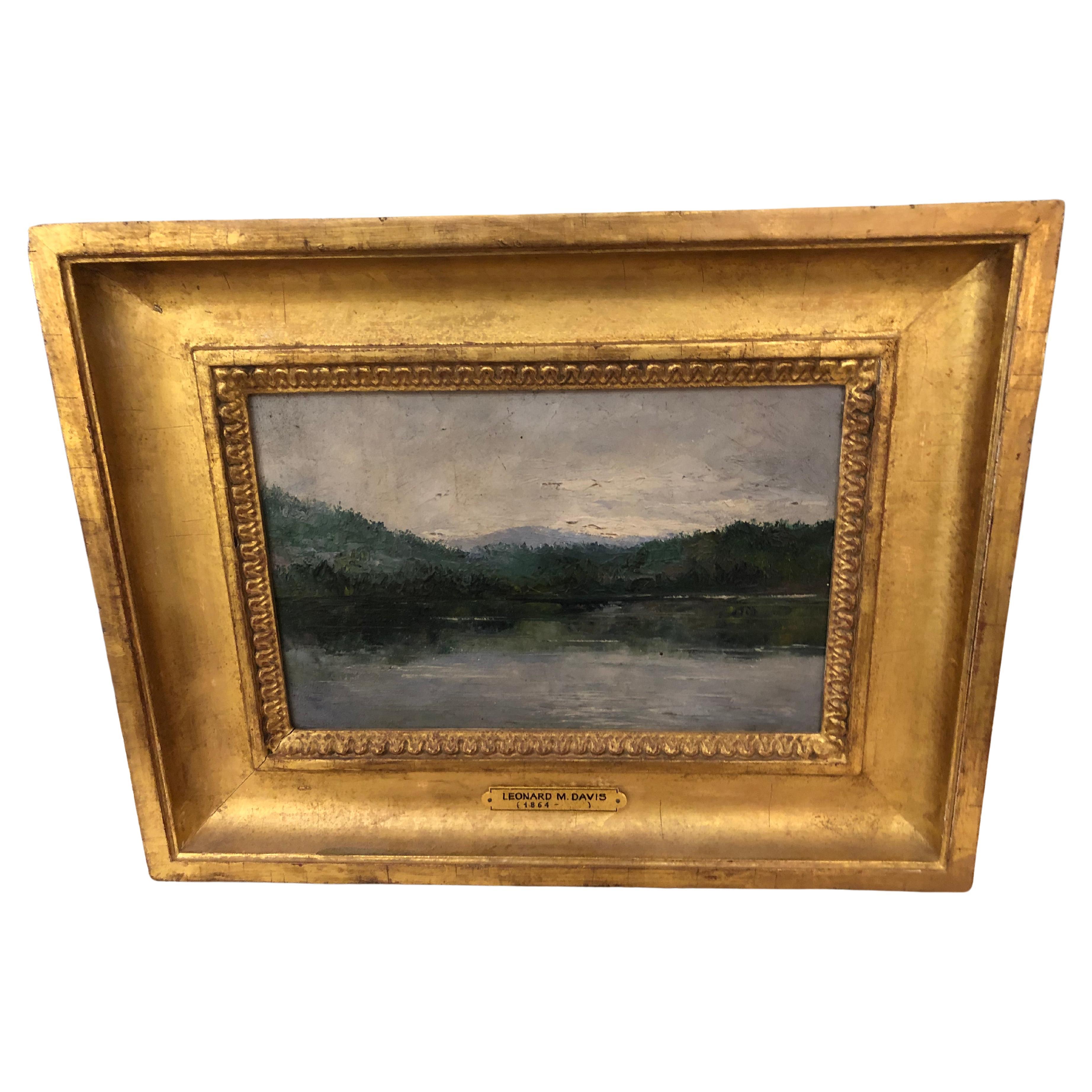 Lovely Small Leonard Davis Original Painting of Lake Landscape