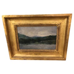 Precioso cuadro original pequeño de Leonard Davis sobre un paisaje lacustre