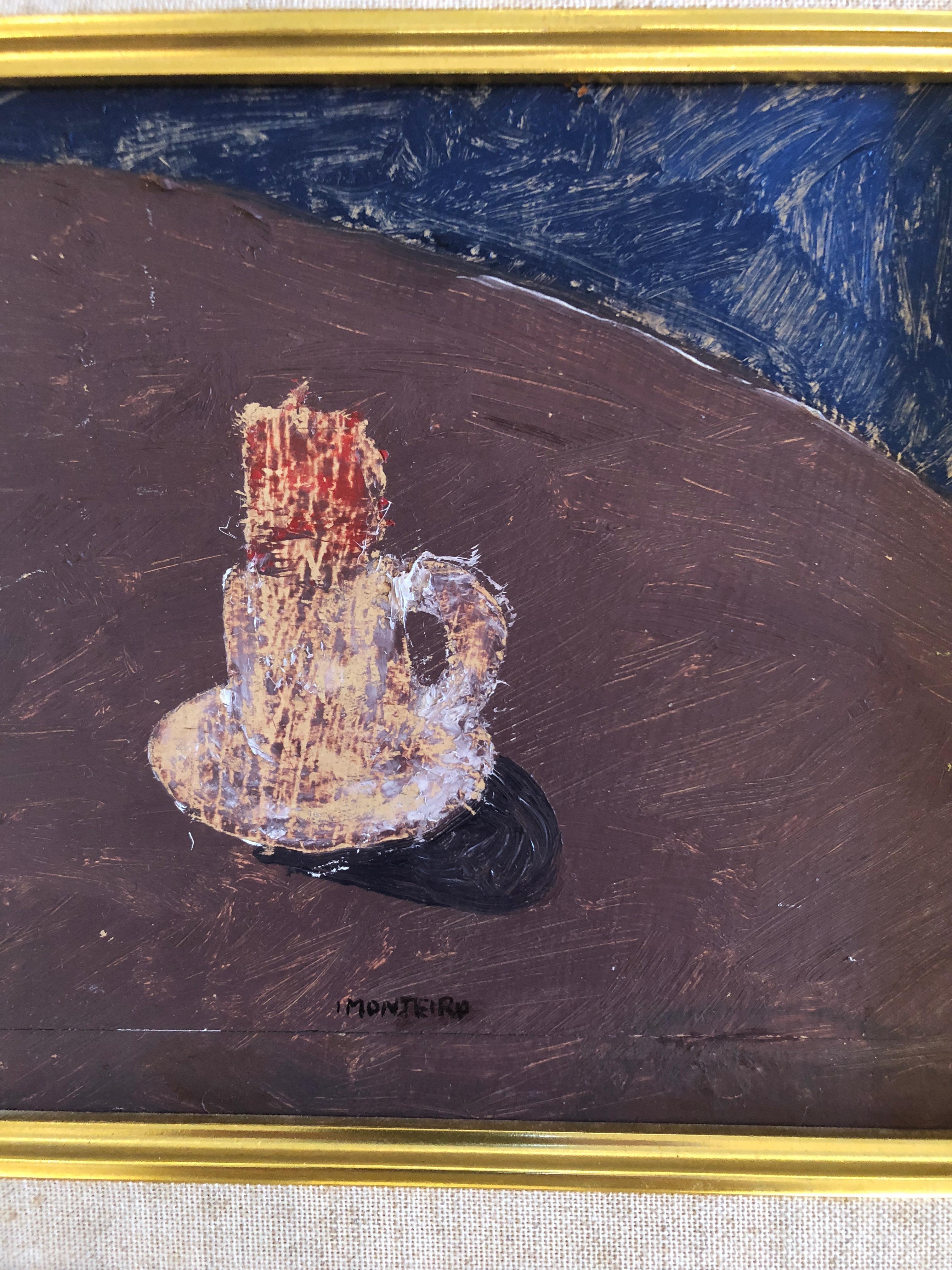 Nature morte d'une bougie soufflée dans une huile grossièrement rendue par Isaac Monteiro, 1938-2008. Signé et daté '72.