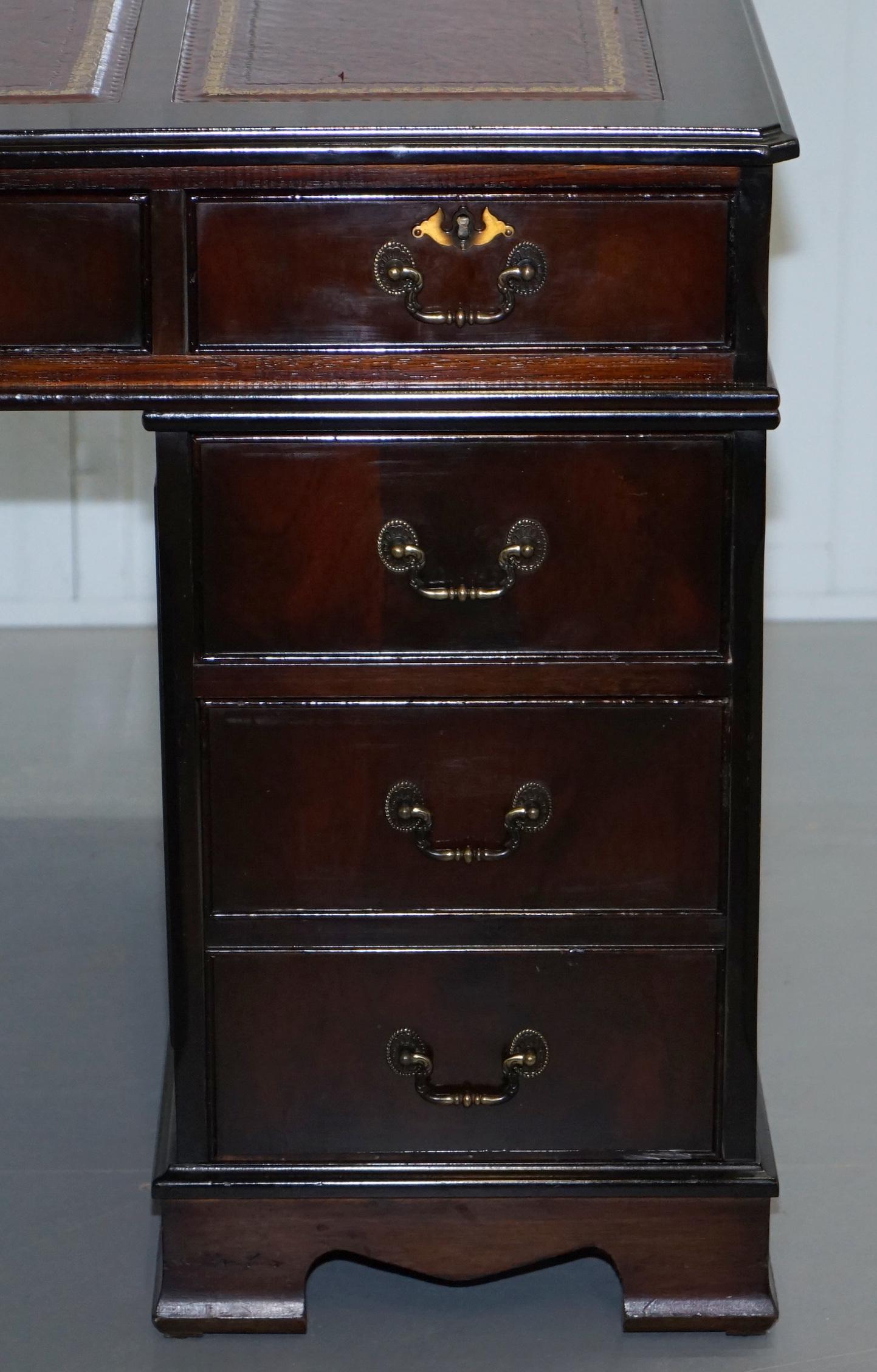 Lovely Solid Mahogany Twin Pedestal Partner Desk Oxblood Leather Writing Surface 4