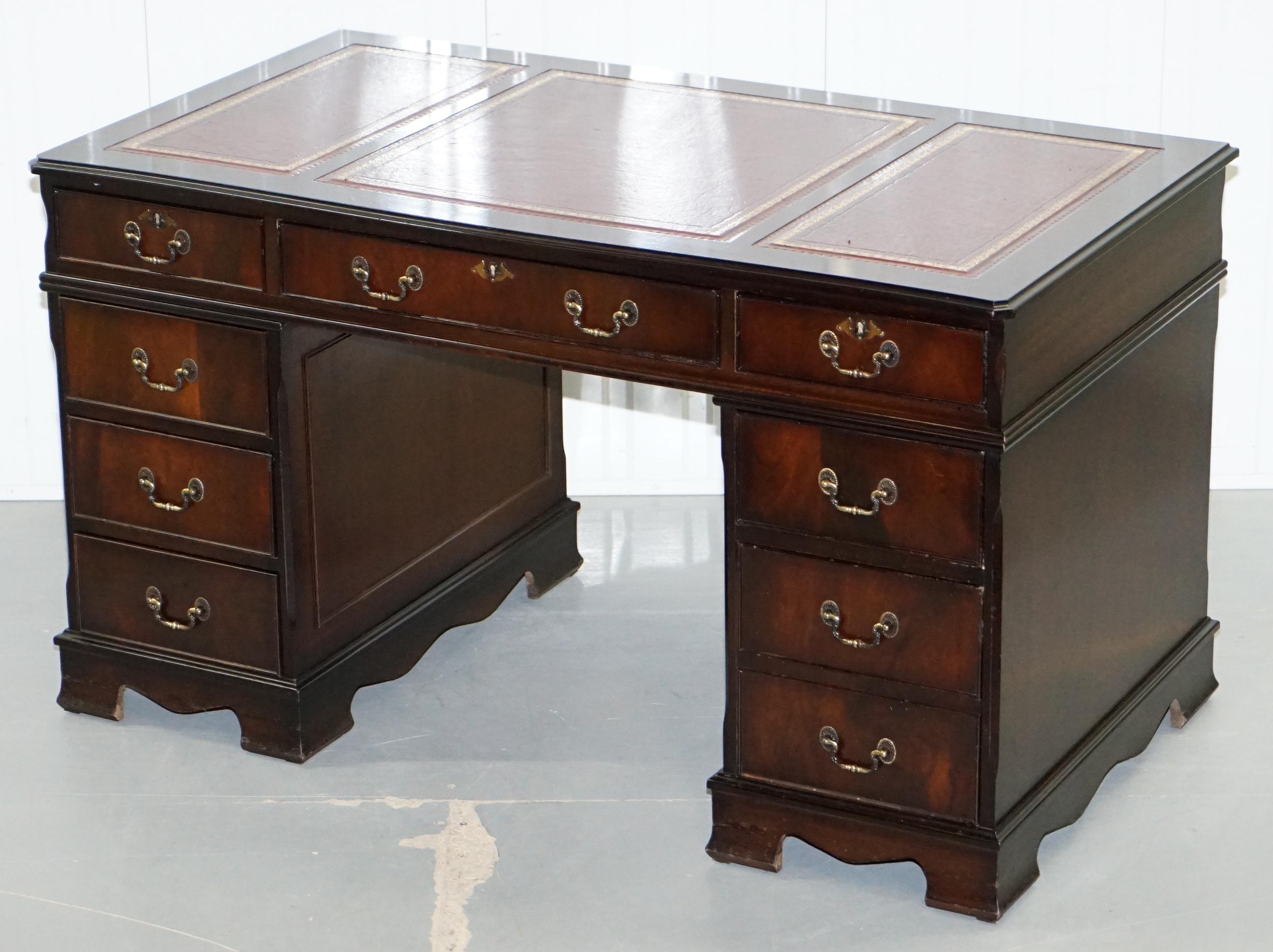 Modern Lovely Solid Mahogany Twin Pedestal Partner Desk Oxblood Leather Writing Surface