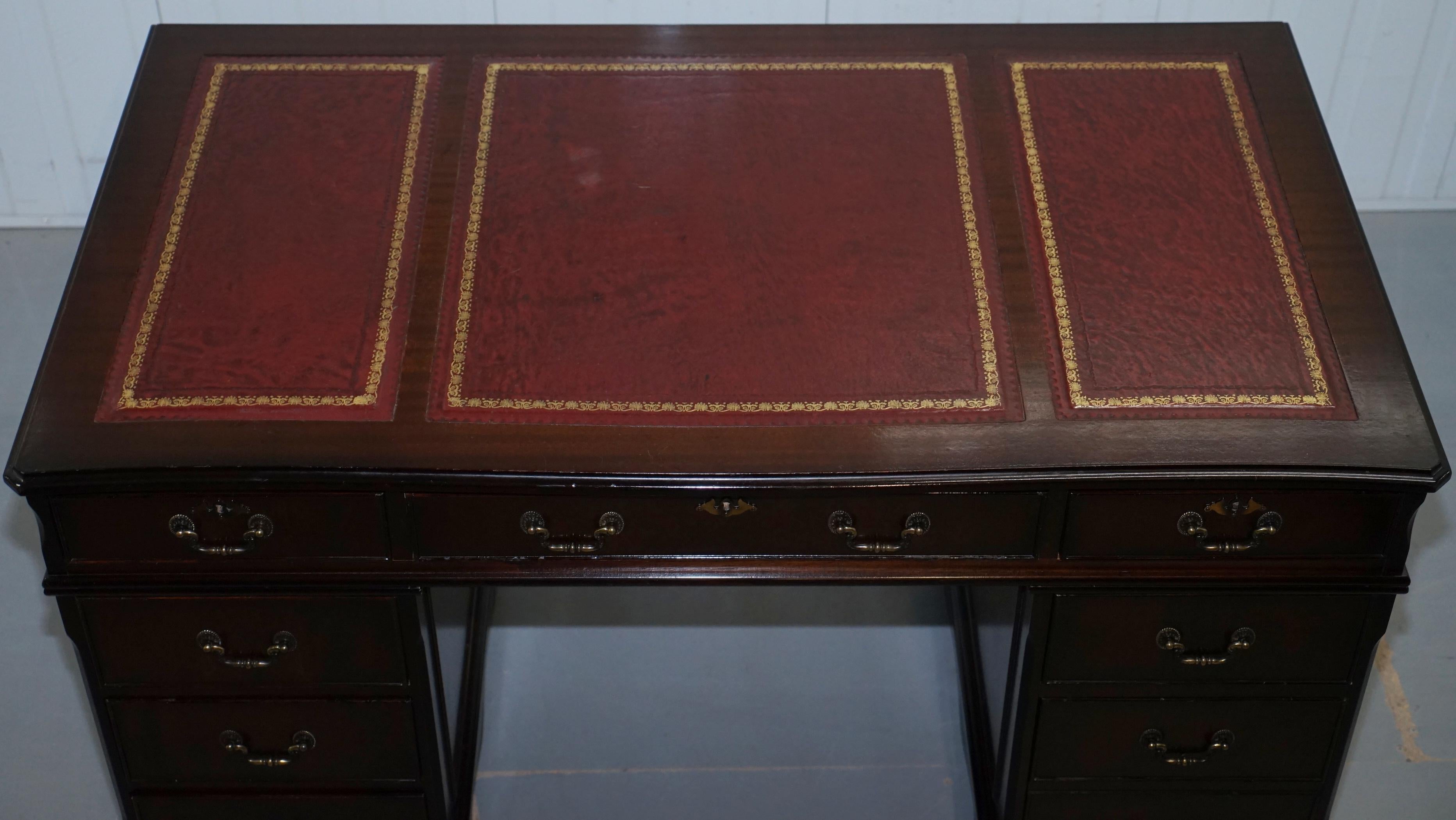 English Lovely Solid Mahogany Twin Pedestal Partner Desk Oxblood Leather Writing Surface