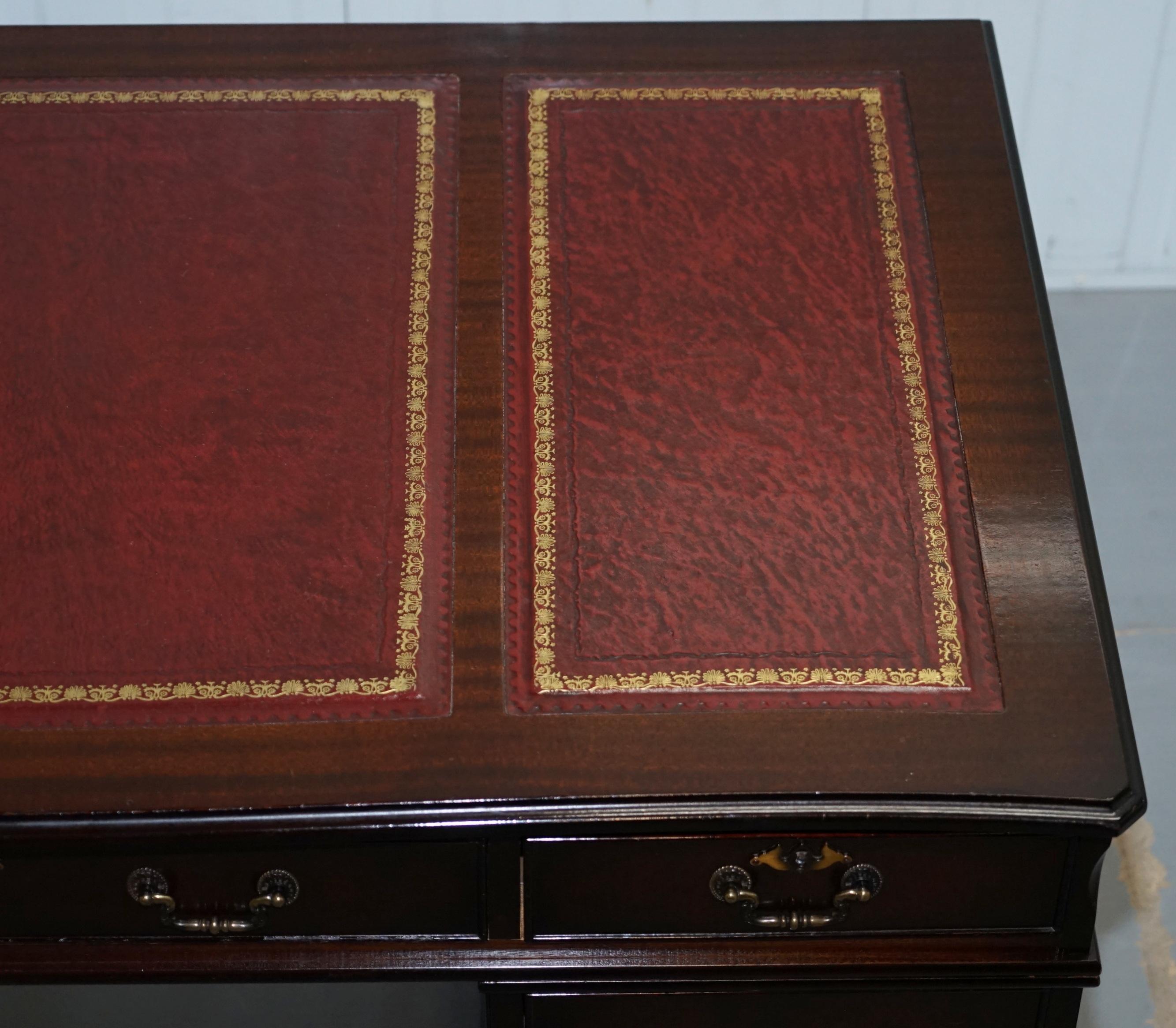 Contemporary Lovely Solid Mahogany Twin Pedestal Partner Desk Oxblood Leather Writing Surface