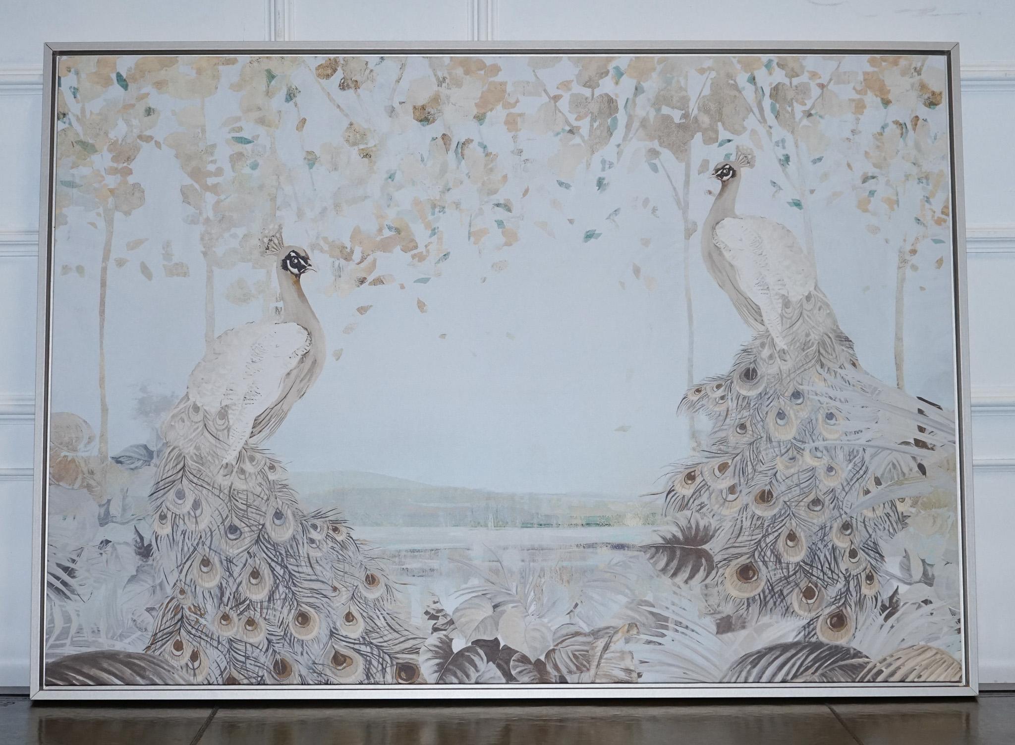 LOVELY SPLENDER FOREST TWO PEACOCKS FRAMED CANVAS ART PRiNT