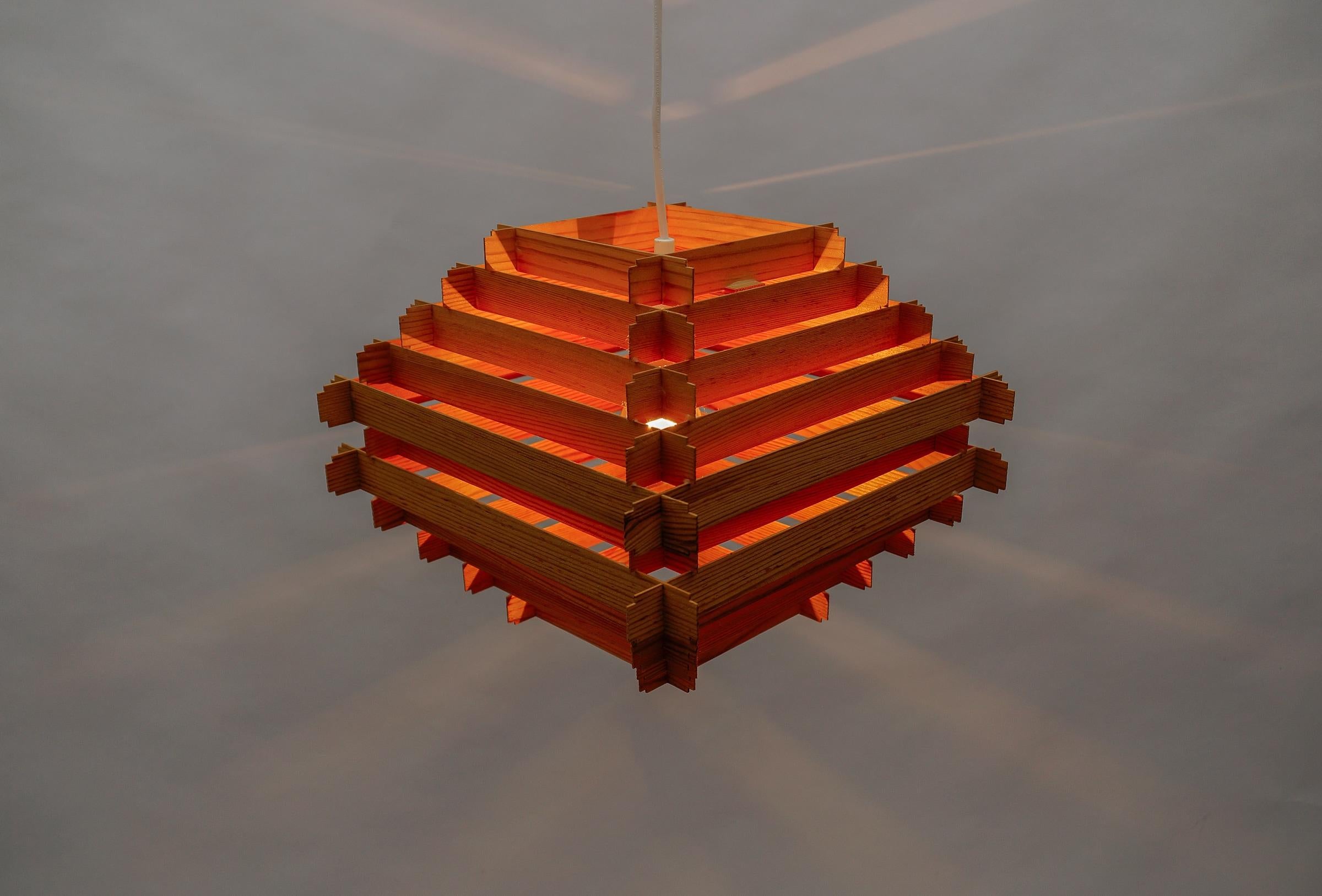 Lovely Stepped Wooden Ceilling Slat Lamp, 1960s Scandinavian For Sale 5