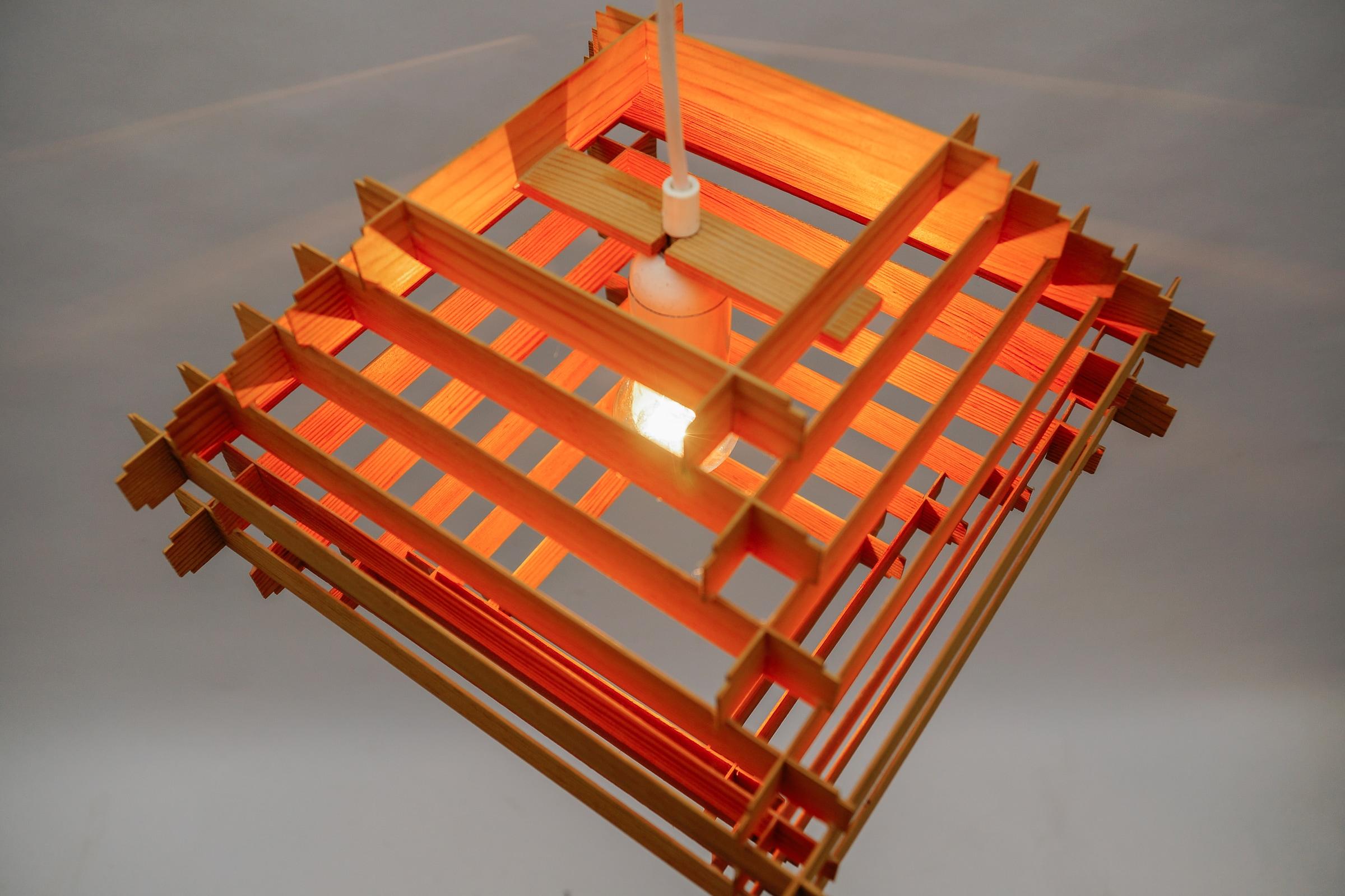 Lovely Stepped Wooden Ceilling Slat Lamp, 1960s Scandinavian For Sale 8