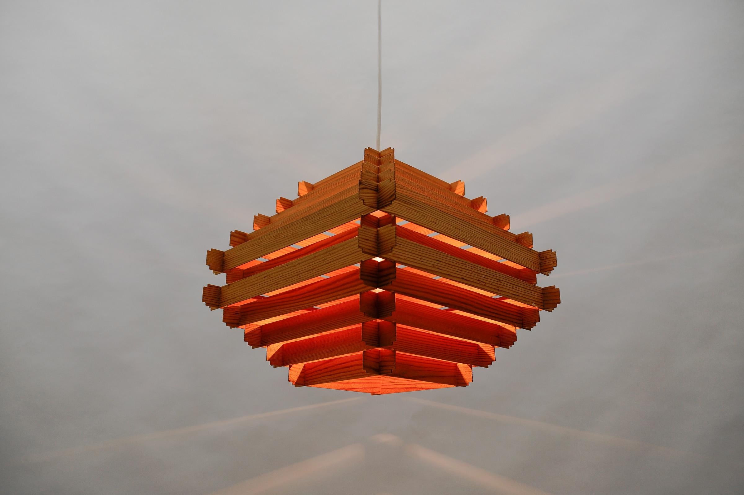 Mid-20th Century Lovely Stepped Wooden Ceilling Slat Lamp, 1960s Scandinavian For Sale