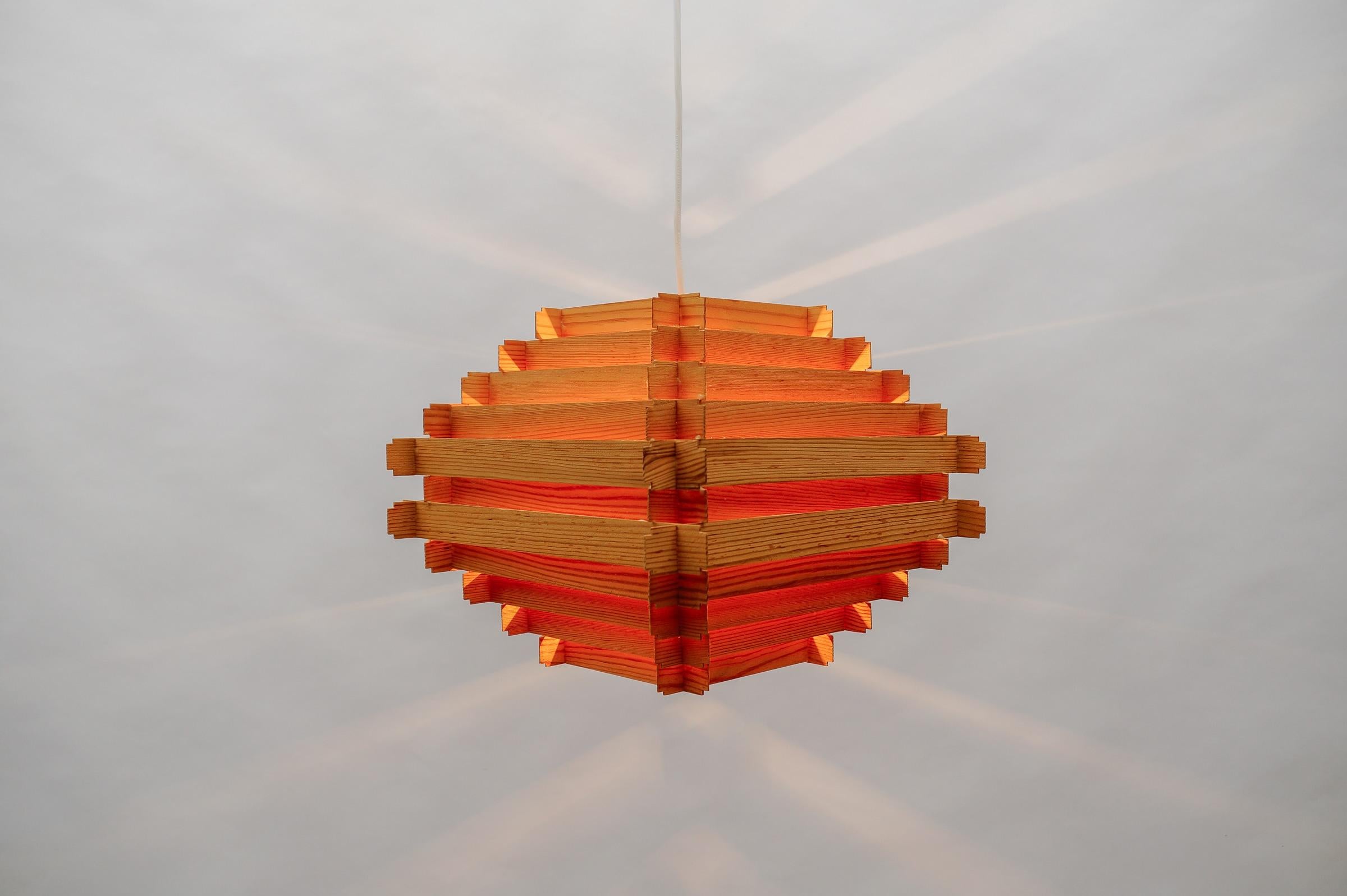 Lovely Stepped Wooden Ceilling Slat Lamp, 1960s Scandinavian For Sale 3