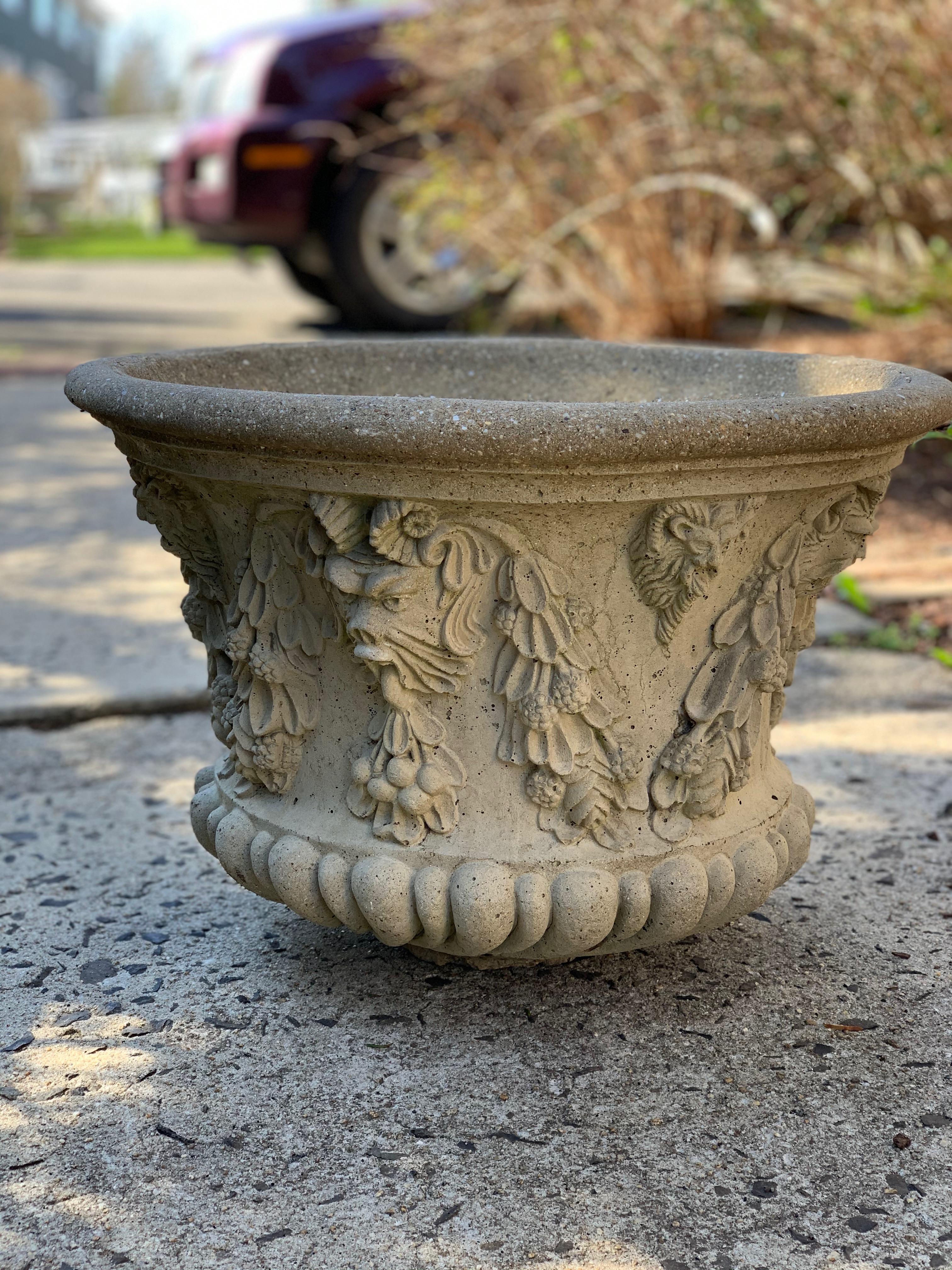 Mid-20th Century Lovely Stone Planter Urn with Floral Relief Decoration