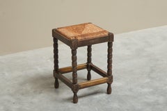 Lovely Stool in Solid Oak, Straw and Brass 1920s