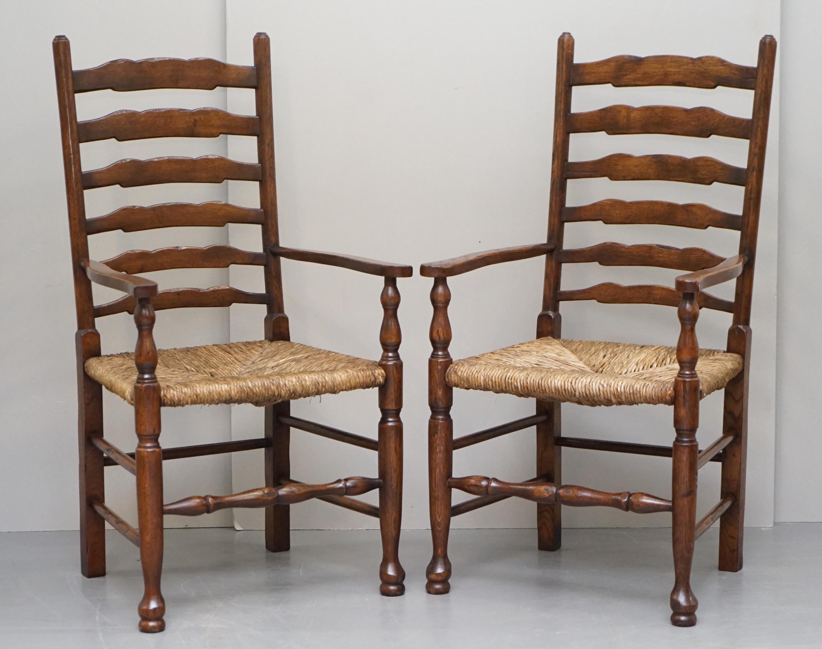 Lovely Suite of Eight circa 1880 Dutch Ladder Back Oak Rush Seat Dining Chairs 8 6