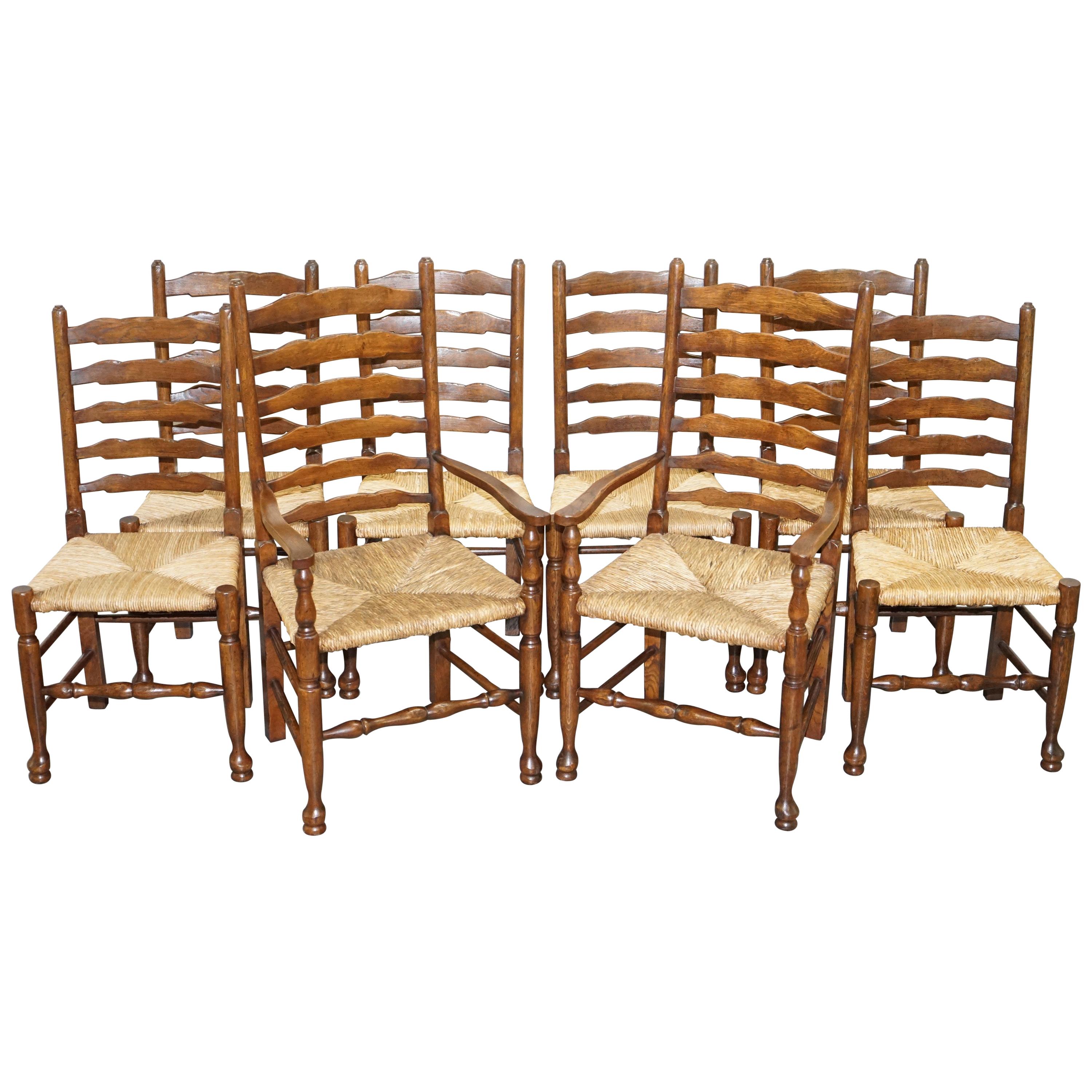 Lovely Suite of Eight circa 1880 Dutch Ladder Back Oak Rush Seat Dining Chairs 8