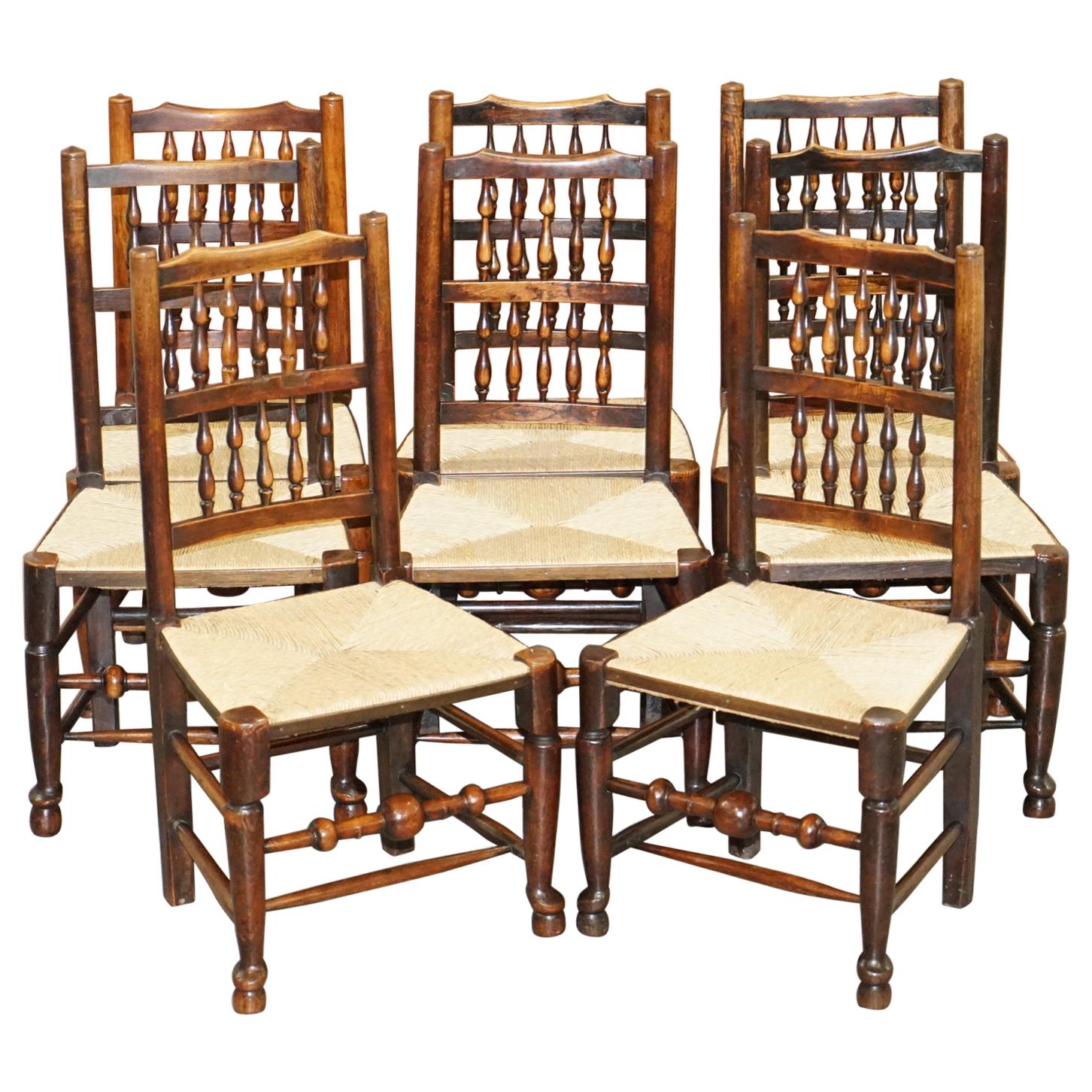 Lovely Suite of Eight circa 1860 Dutch Ladder Back Elm Rush Seat Dining Chairs