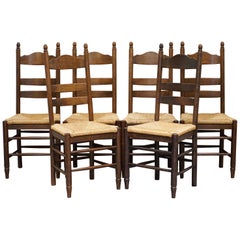 Lovely Suite of Six circa 1940 Dutch Ladder Back Oak Rush Seat Dining Chairs 6