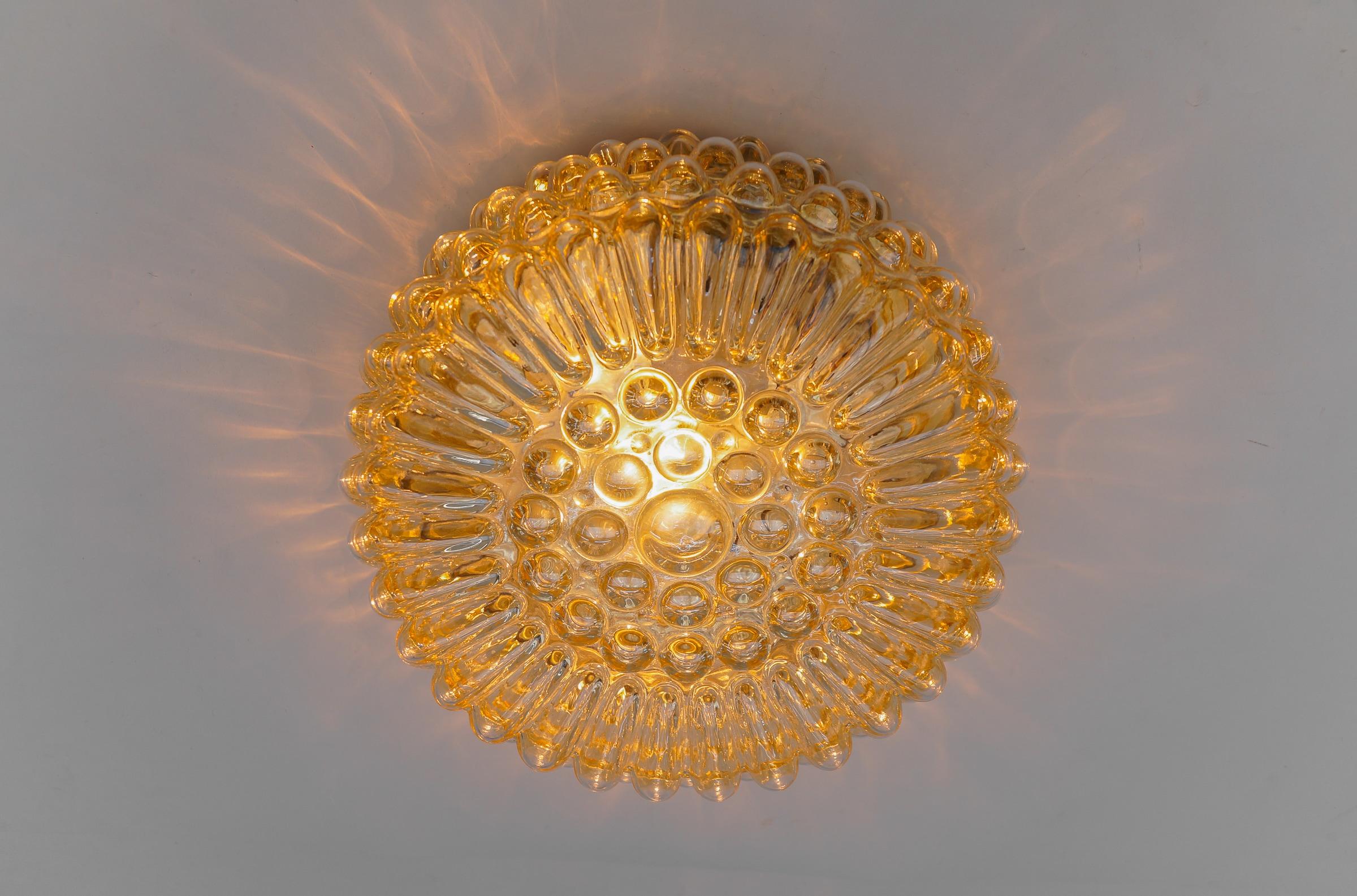 Lovely Sunburst Round Amber Bubble Glass Wall Lamp / Flush Mount, 1960s Limburg For Sale 4