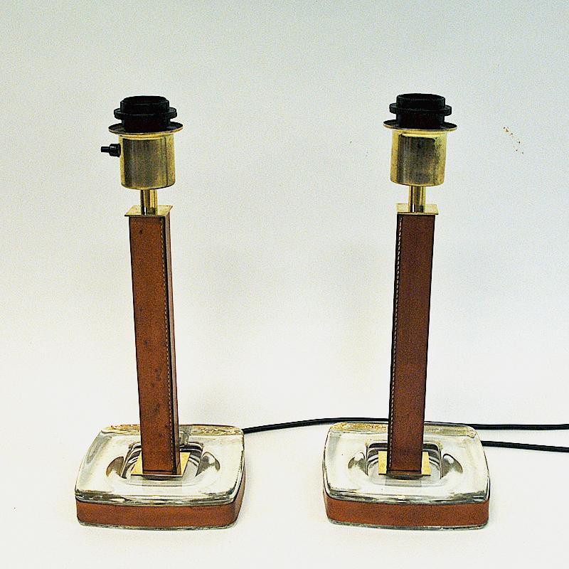Brass Lovely Swedish Leather Table Lamp Pair by Uppsala Armatur 1960s
