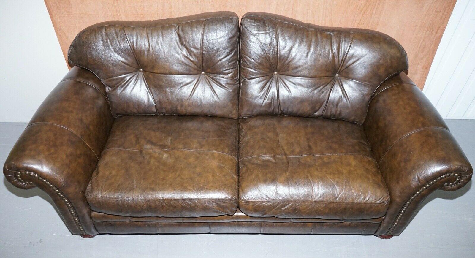 Lovely Tetrad Brown Leather 2 Seater Chesterfield Sofa with Scroll Arms 6