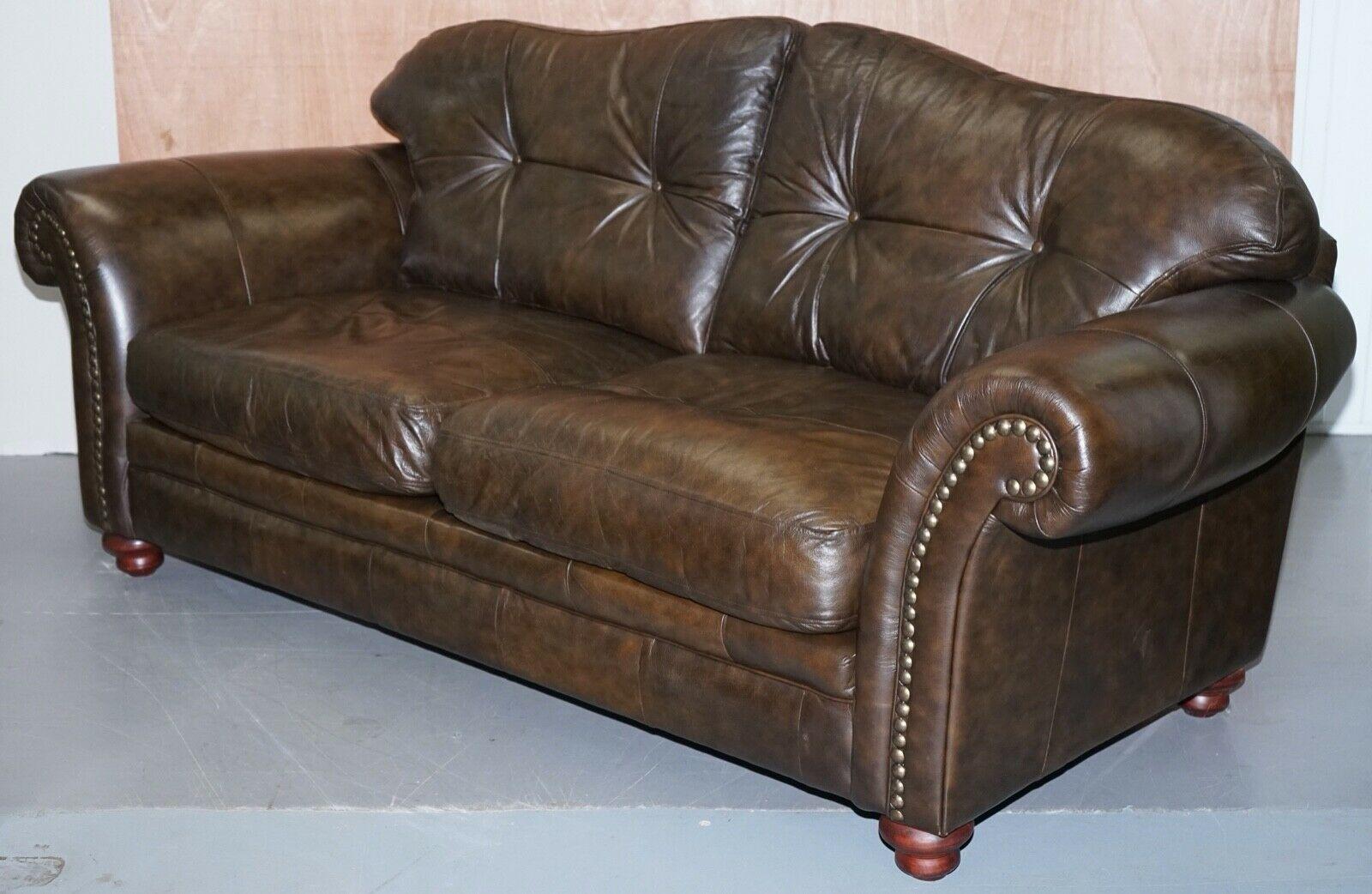 British Lovely Tetrad Brown Leather 2 Seater Chesterfield Sofa with Scroll Arms