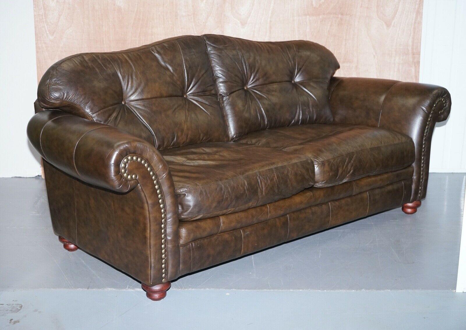 20th Century Lovely Tetrad Brown Leather 2 Seater Chesterfield Sofa with Scroll Arms