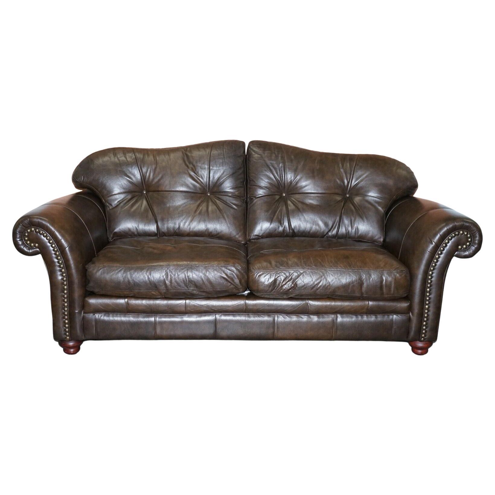 Lovely Tetrad Brown Leather 2 Seater Chesterfield Sofa with Scroll Arms