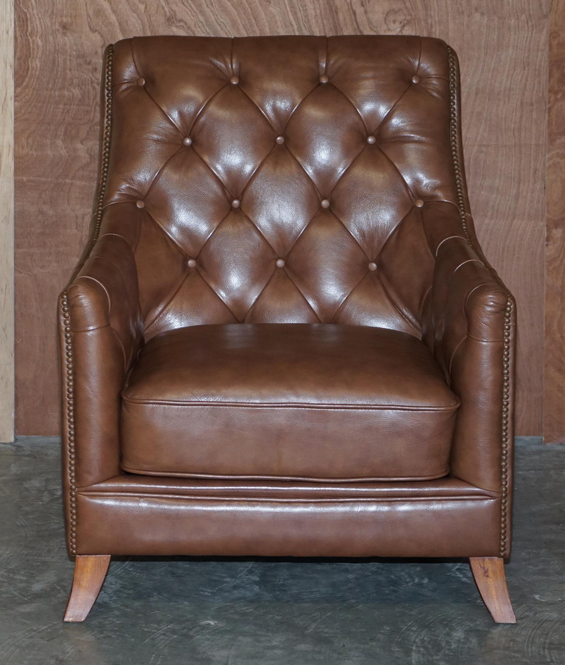 We are delighted to offer this very comfortable Tetrad brown leather club armchair with Chesterfield tufted back

A good looking and well made piece, it is super comfortable, stylish and finished in a nice toupe brown

We have cleaned waxed and
