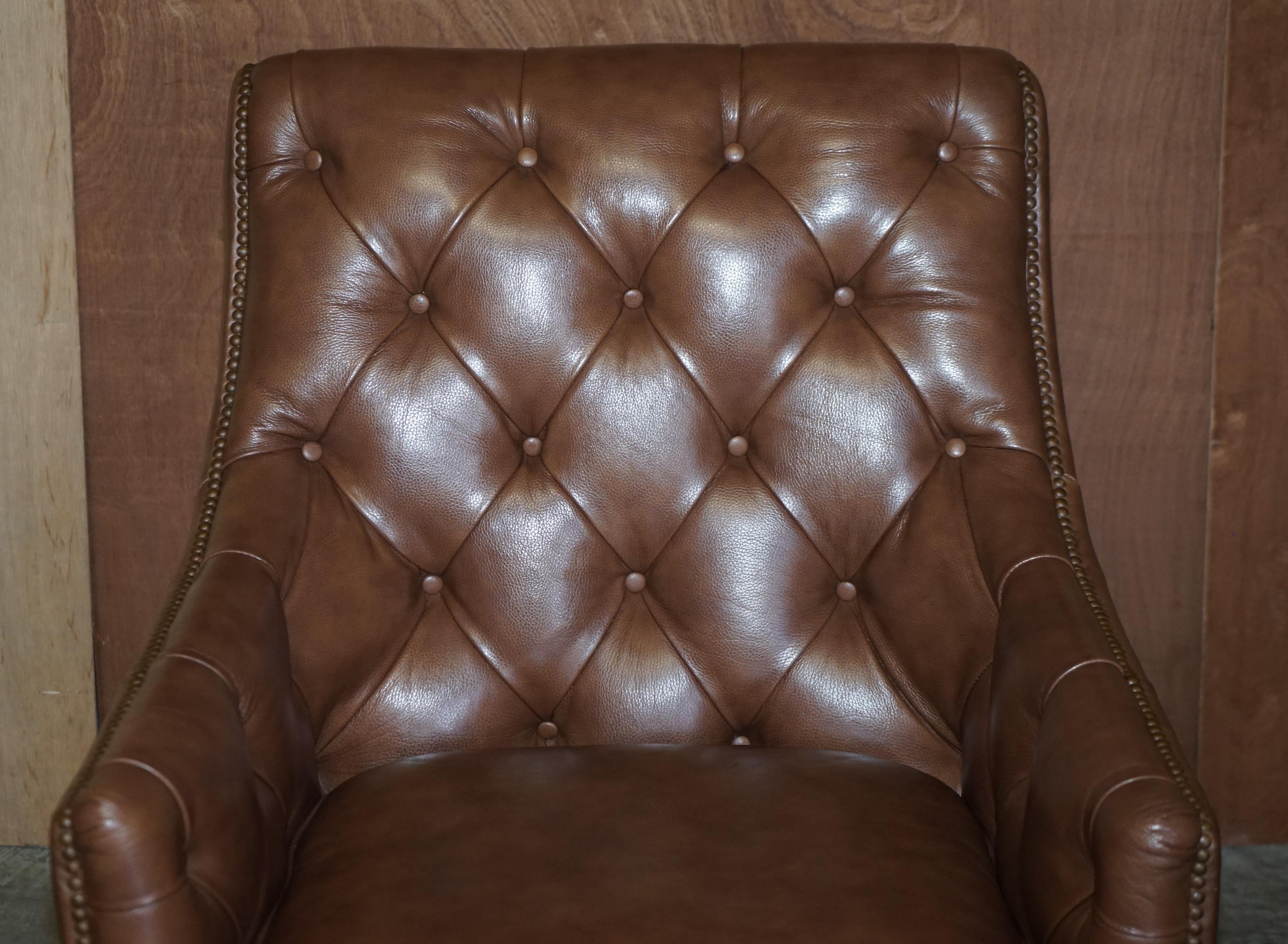 English Lovely Tetrad Brown Leather Reading Armchair with Chesterfield Tufted Buttons