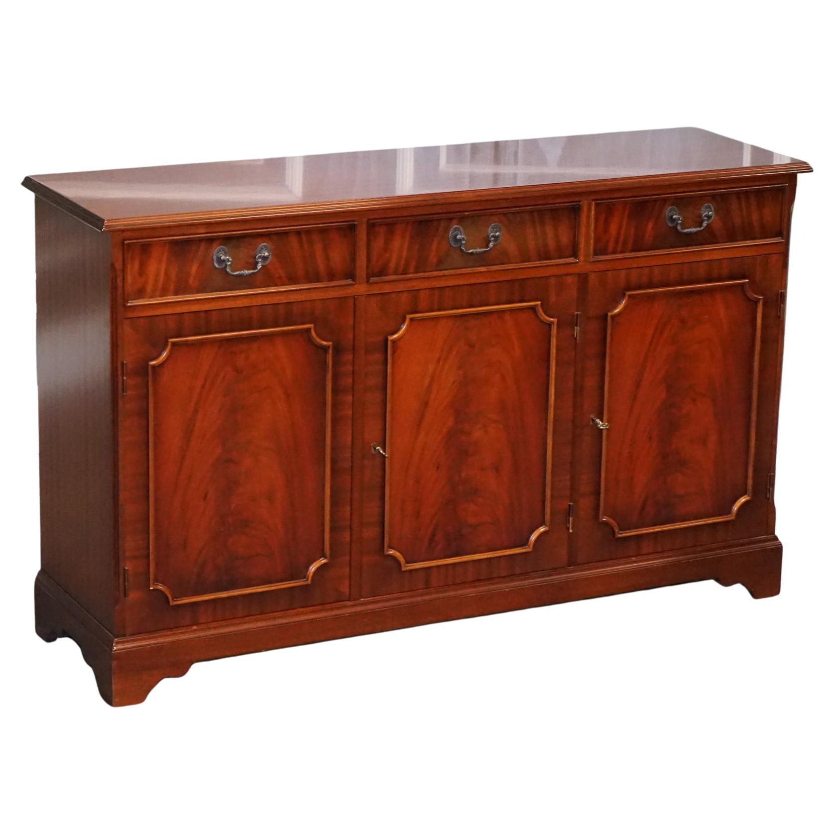 Lovely Three Door Flamed Hardwood Sideboard Buffet For Sale