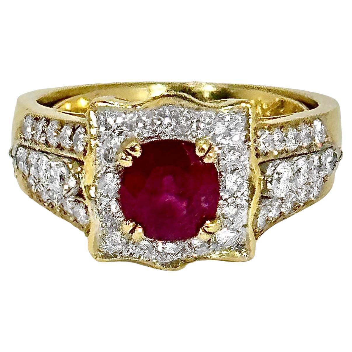 This wonderful Late-20th Century 18k yellow gold ladies cocktail ring is set with one center cushion shaped  brilliant cut natural ruby weighing exactly 1.15ct and with 46 brilliant cut diamonds having an exact total weight of 1.09ct. The diamonds