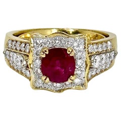 Lovely Traditional 18k Yellow Gold Ladies Cocktail Ring with Ruby and Diamonds