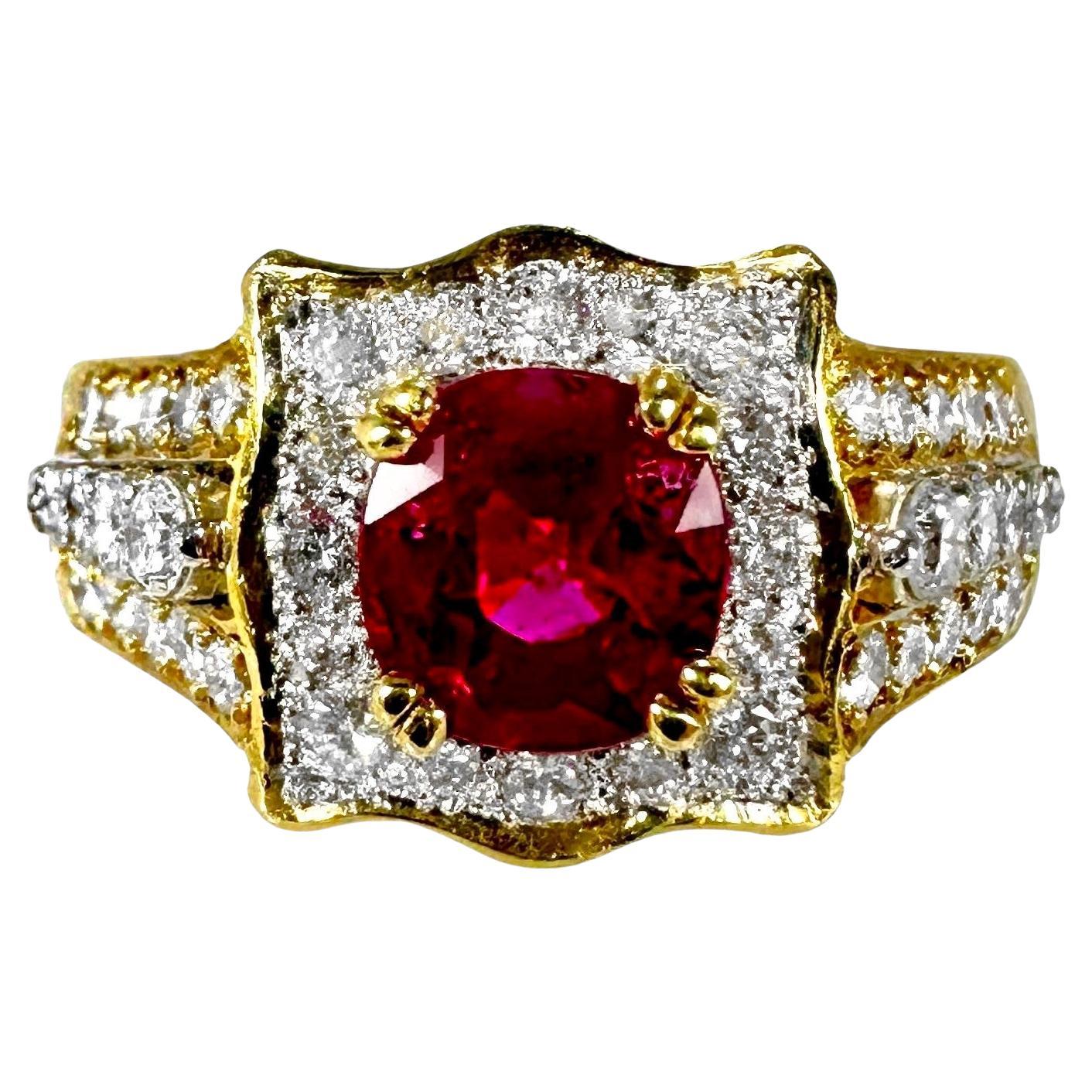 Lovely Traditional 18k Yellow Gold Ladies Cocktail Ring with Ruby and Diamonds For Sale